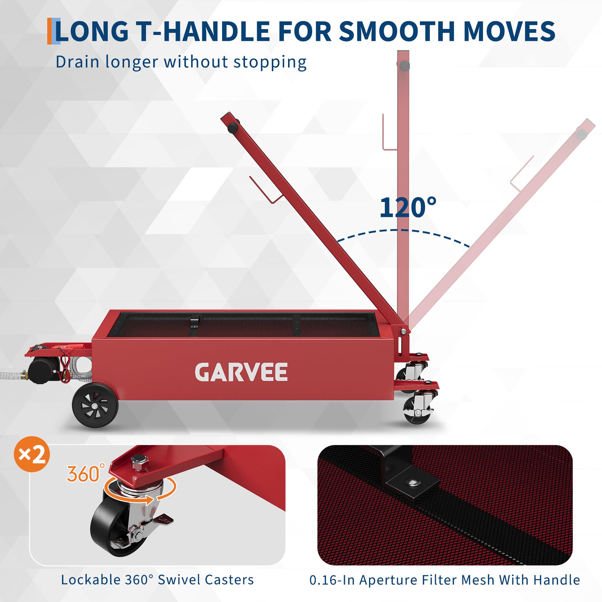 Garvee 20 Gallon Low-Profile Oil Pan with 12V Pump & 8 GPM Flow, Carbon Steel, Lockable Casters, 6.5-Foot Hose, for Cars & ATVs, Red