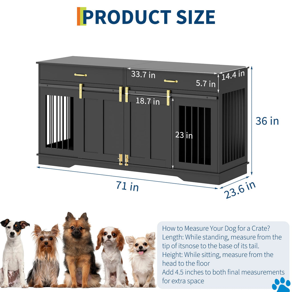Garvee 71" Extra Large Dog Crate Furniture, Heavy Duty Wood  Double Kennel Furniture with Removable Divider, 2 Lockable Doors & 2 Drawers, Indoor Pet Crate End Table TV Stand for Living Room