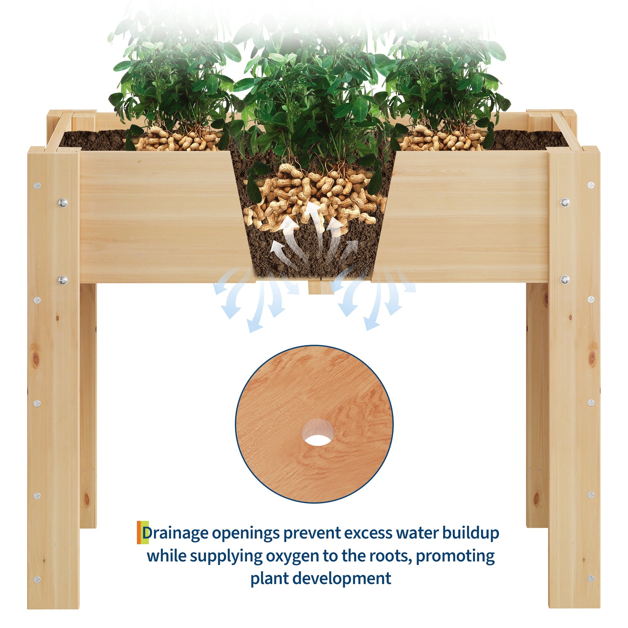 Garvee 34" x 18" x 30" Elevated Wooden Raised Garden Bed with Legs, Fir Wood Planter Box with Non-Woven Liner, Drainage Holes & Side Hooks, Ergonomic Outdoor Planter for Vegetables, Herbs, Flowers, Patio & Backyard, Varnish
