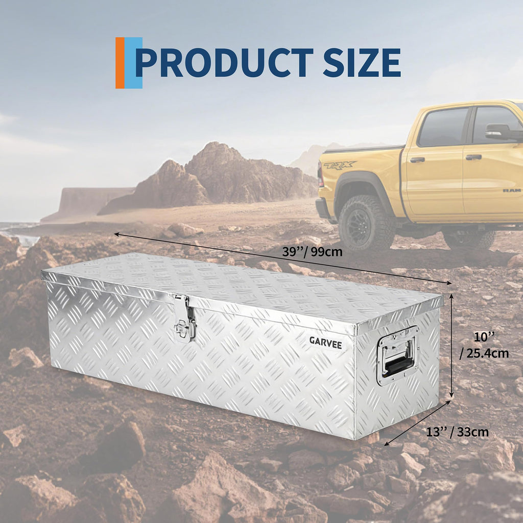 Garvee 39"X13"X10" Aluminum Truck Bed Tool Box - Heavy Duty Diamond Plate, Lock & Keys, Weather-Resistant, Side Handles, 39x13x10 in, Silver - Pickup, RV, Trailer Storage