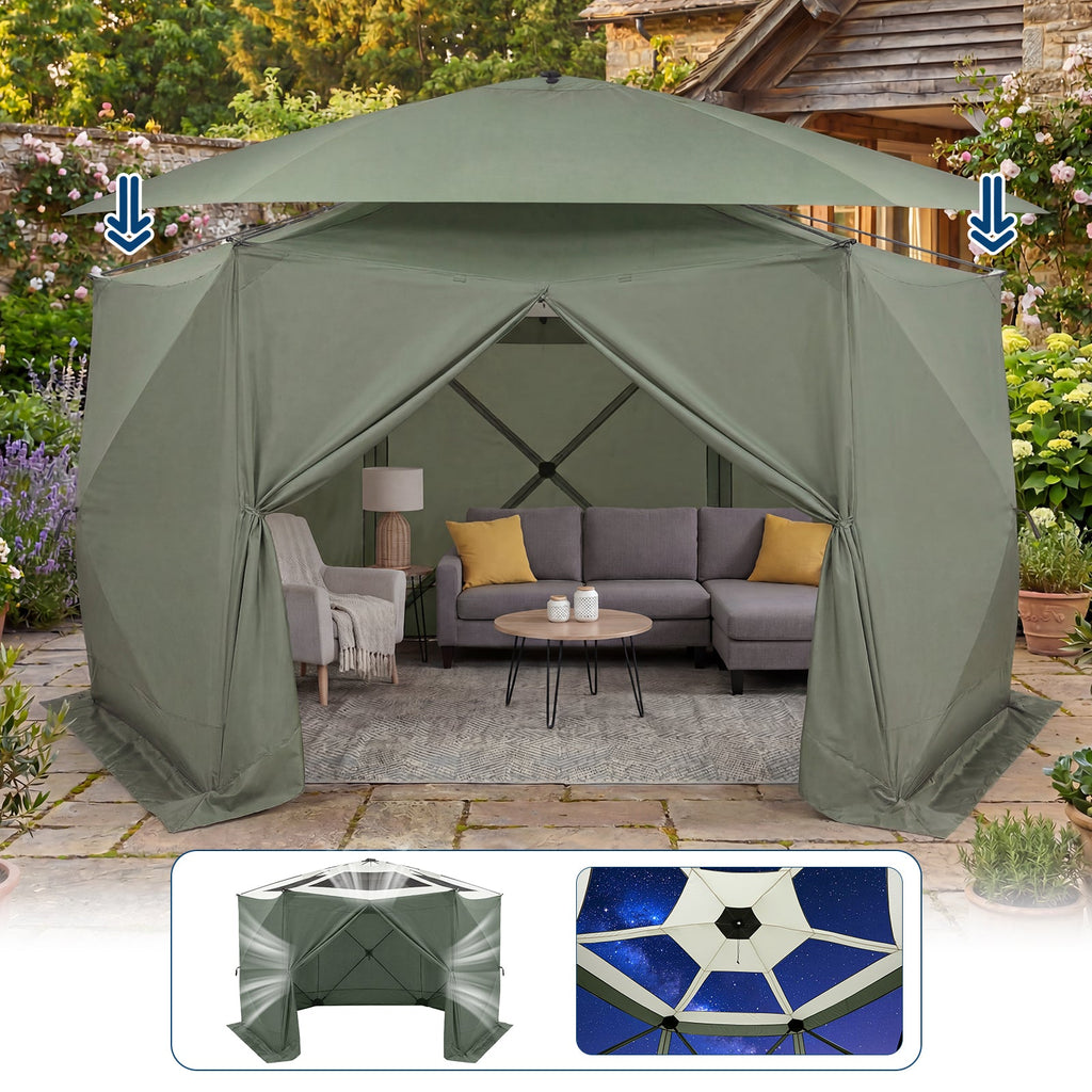 Garvee Screen Gazebo Tent, 13 x 13 FT 6-Sided Canopy for 8-10 People with 7.5 FT Height, Removable Wind Cloth and Carry Bag for Backyard Camping, Green and Gray