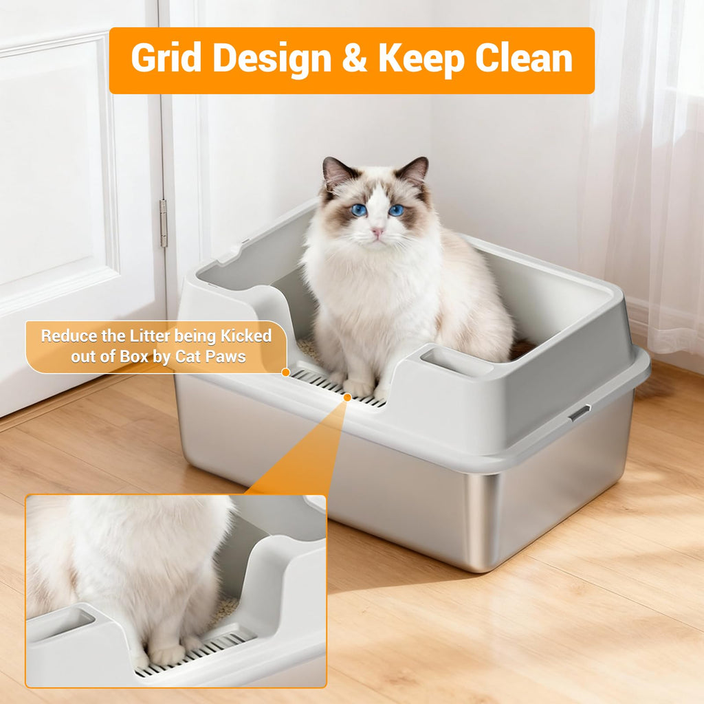 Garvee High Sided Stainless Steel Cat Litter Box - Extra Large, Leak-Proof, Odor Resistant, Non-Stick, Easy Clean, Semi-Enclosed, Durable Metal Litter Pan - 60x40x27cm, White