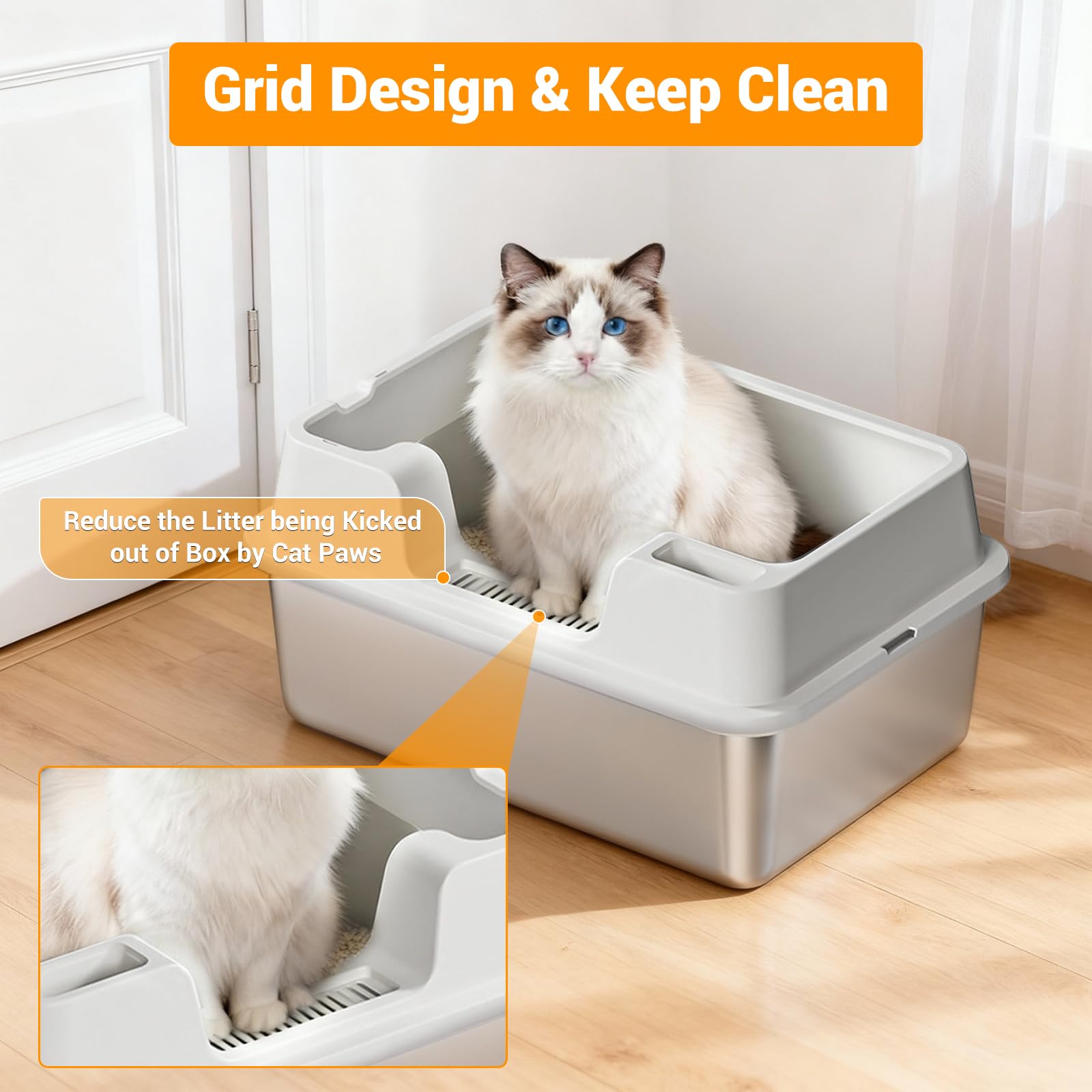 Garvee High Sided Stainless Steel Cat Litter Box - Extra Large, Leak-Proof, Odor Resistant, Non-Stick, Easy Clean, Semi-Enclosed, Durable Metal Litter Pan - 60x40x27cm, White
