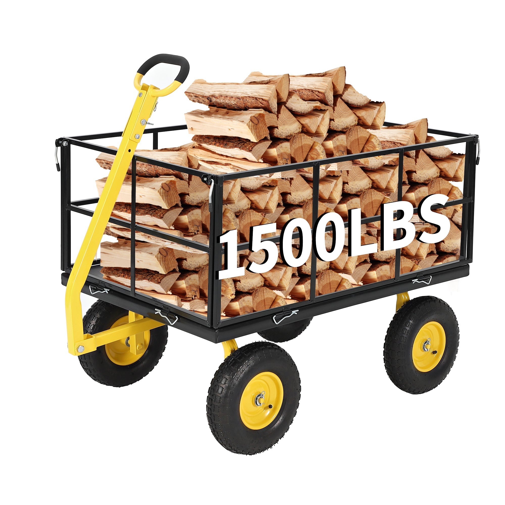 Garvee Heavy Duty 1500 lbs Steel Garden Cart – 3-in-1 Outdoor Utility Wagon with Removable Mesh Sides, 13" All-Terrain Wheels, 180° Rotating Handle – Lawn, Garden, Plant & Tool Transport – 13-inch wheels, yellow rims + black frame + yellow handlebars