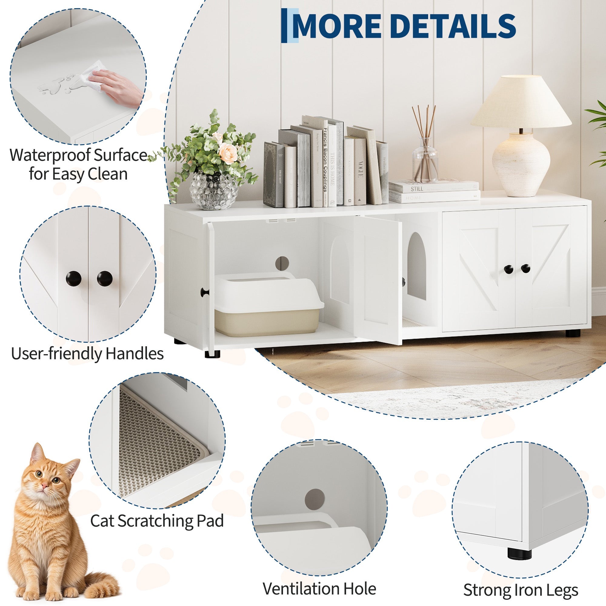 Garvee Cat Litter Box Enclosure for 2 Cats, Hidden Litter Box Furniture Cabinet with Double Room, Double Cat Litter Box Enclosure, Indoor Cat House, 43.4 x 18.1 x 17.7 Inches