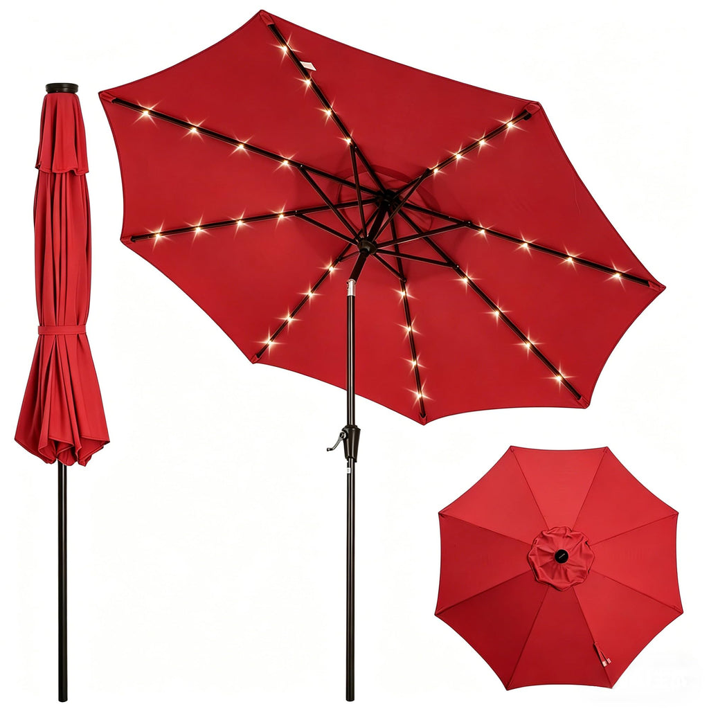 Garvee 10 FT Patio Umbrella with 32 Solar LED Lights, 8-Rib Iron Frame, Crank Lift and Push-Button Tilt for Garden, Deck, Backyard and Poolside, Red