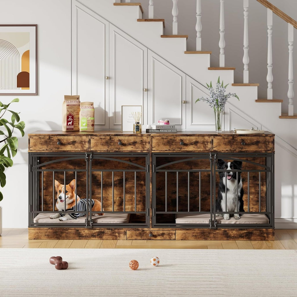 Garvee 78.7" Double Dog Crate Furniture with Storage and 4 Doors, Dog Kennel Indoor with Feeding Bowls, Wood Dog Crate TV Stand for Small Medium Dogs, Brown