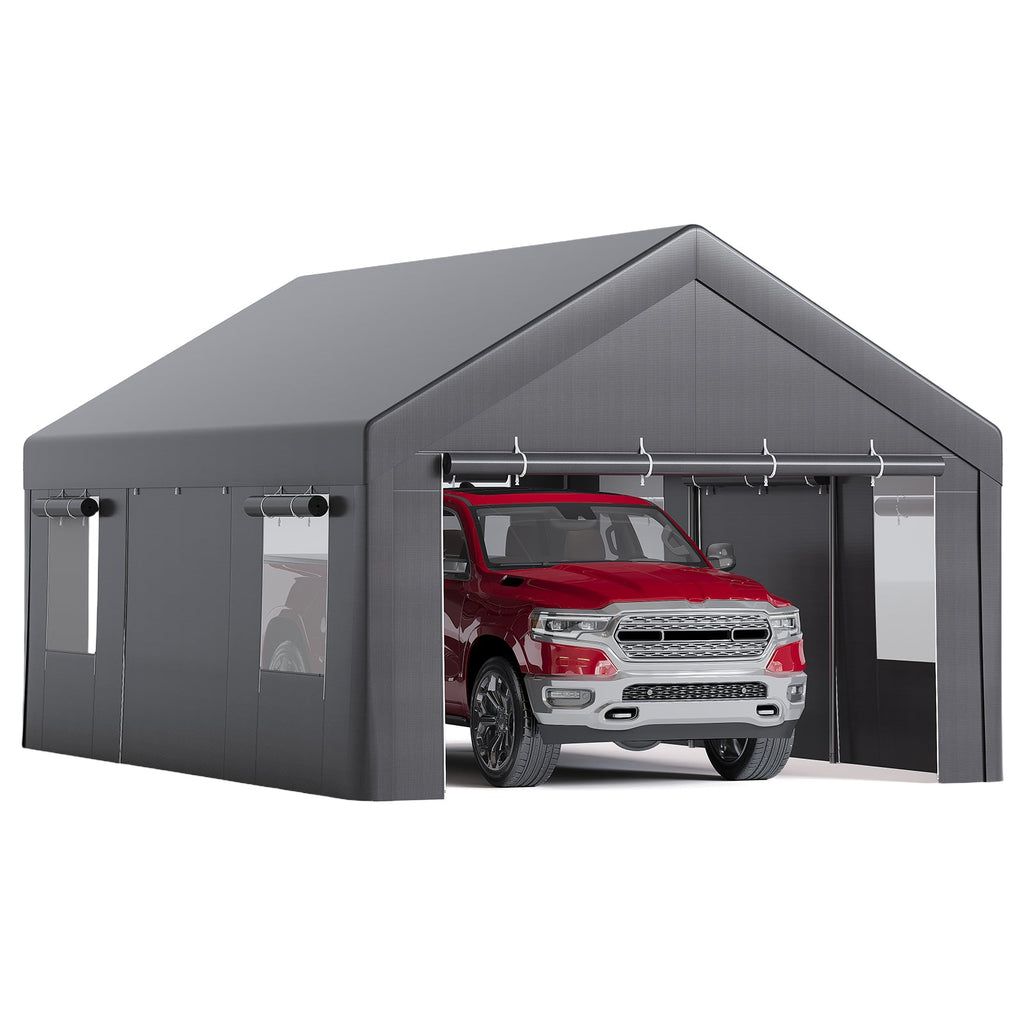 Garvee Portable Carport, 12 x 20 FT White Vehicle Shelter with Galvanized Steel Frame, 4 Roll-Up Doors and 4 Vent Windows for Cars, Trucks and Boats