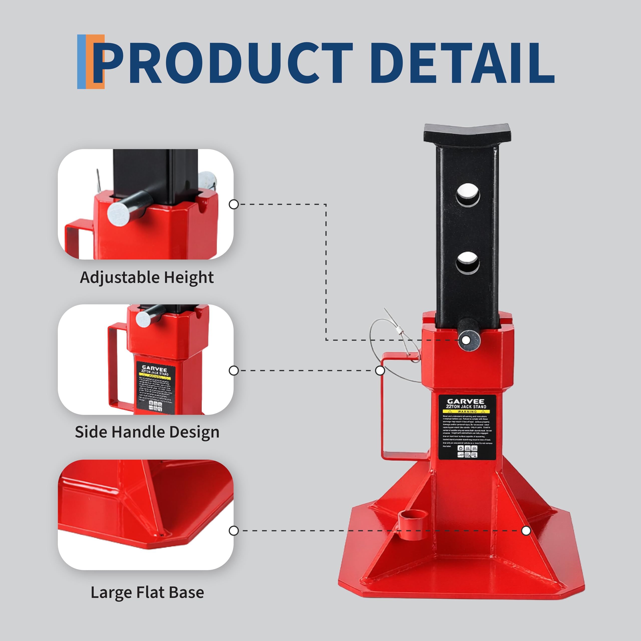 Garvee 22 Ton Jack Stands, Heavy-Duty Pin-Type Car Jack Stands with Lock, Wide Base Safety Design, Adjustable Height (13.8"-19.7") for Trucks, Trailers, and Equipment, Red