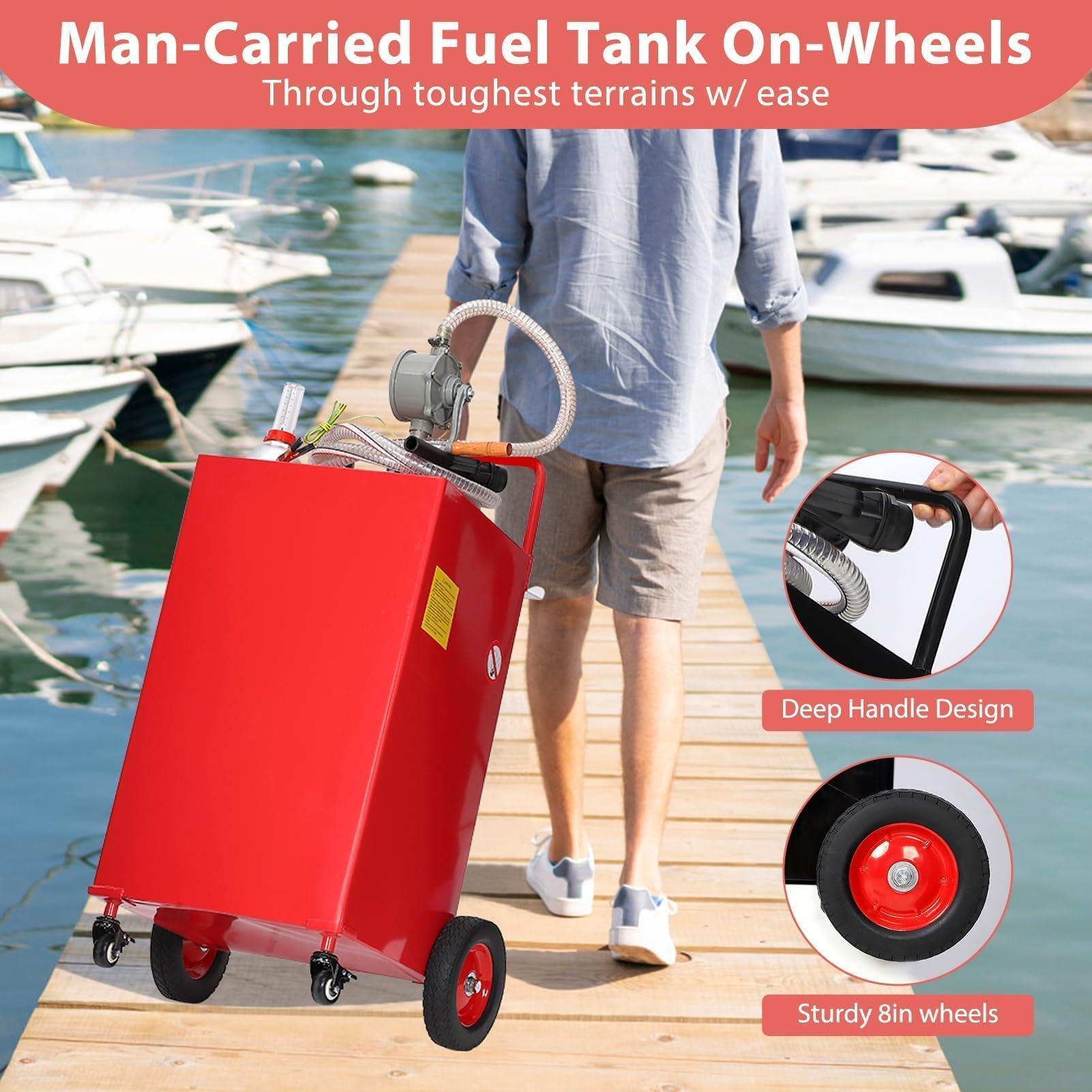 Garvee 30 Gallon Heavy Duty Fuel Caddy Portable Gas & Fuel Transfer Tank - Manual Pump, Reinforced 4-Wheel, Brakes, Hose - For Tractor, Truck, Boat, Lawn Mower, Farm Equipment - Reinforced ribs model 4 wheels - bright red powder coating - 2026 model