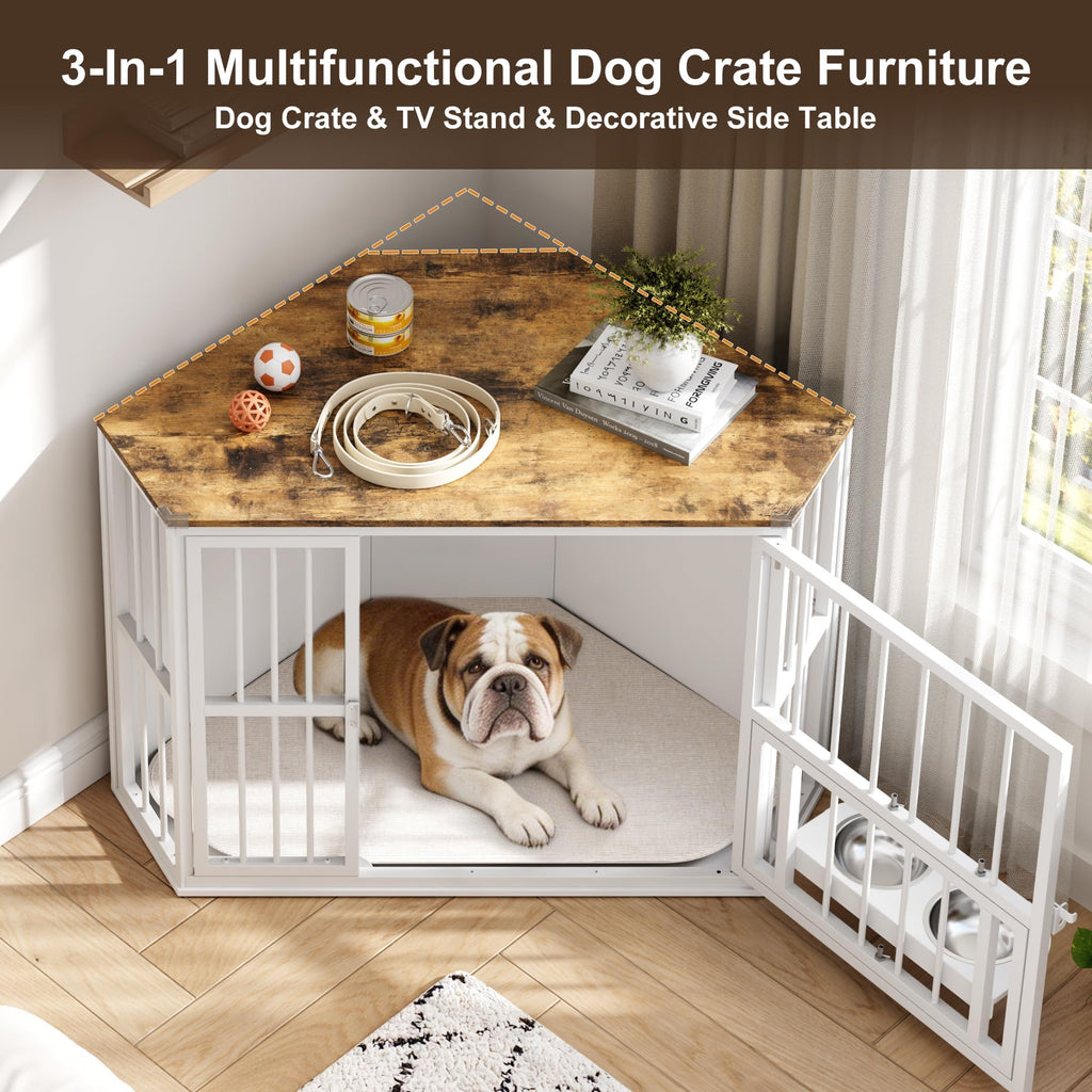 Garvee Space-Saving Corner Dog Crate Furniture – Wooden Indoor Kennel End Table with 360° Rotating Door, Stainless Steel Feeding Bowls, Decorative Design for Small Dogs, White, Classic + White Relief + White Iron Frame