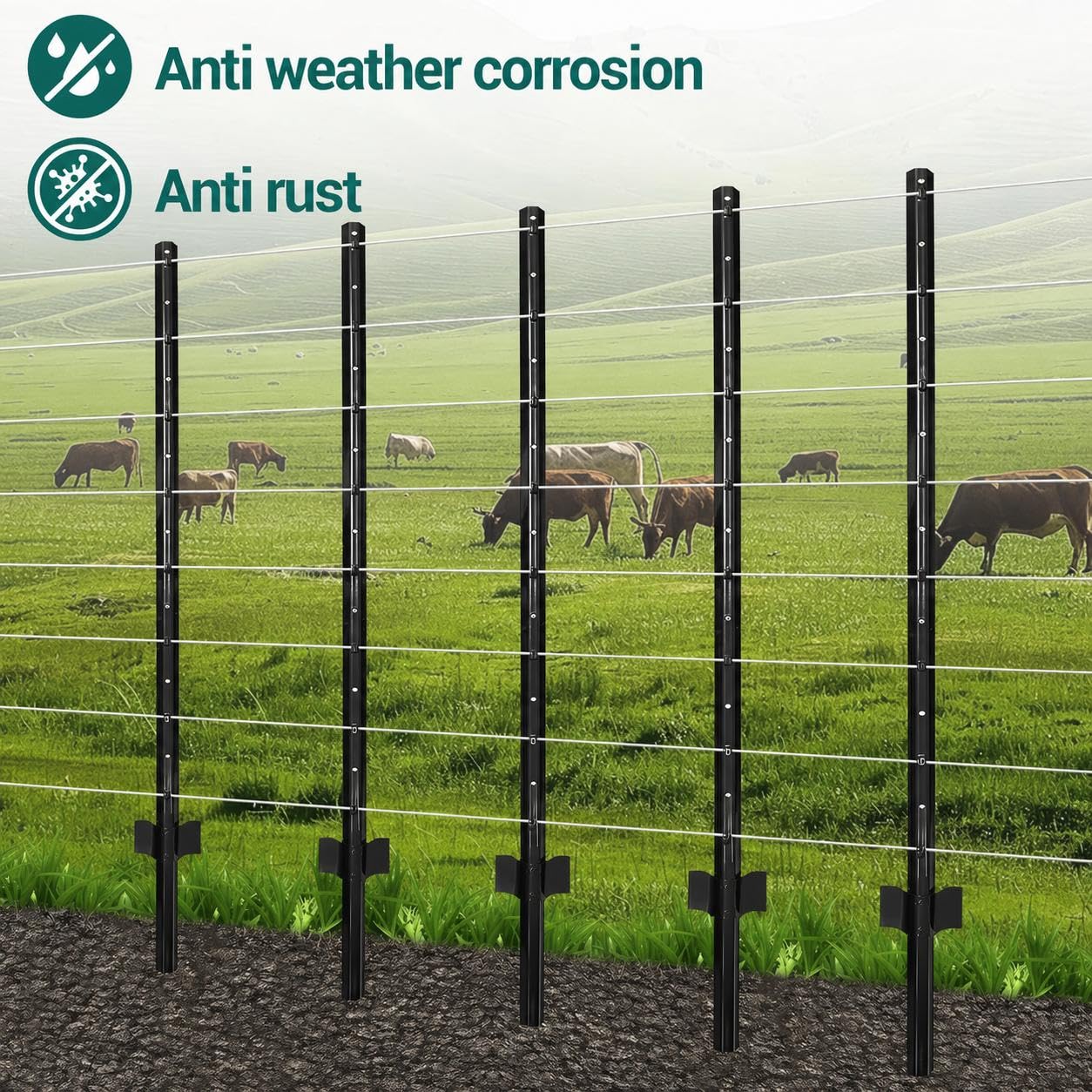 Garvee Heavy Duty 4 FT U-Channel Metal Fence Posts (8-Pack) - No-Dig Steel Garden Stakes with Anchor Plates for Yard Protective Wire Fencing, Black