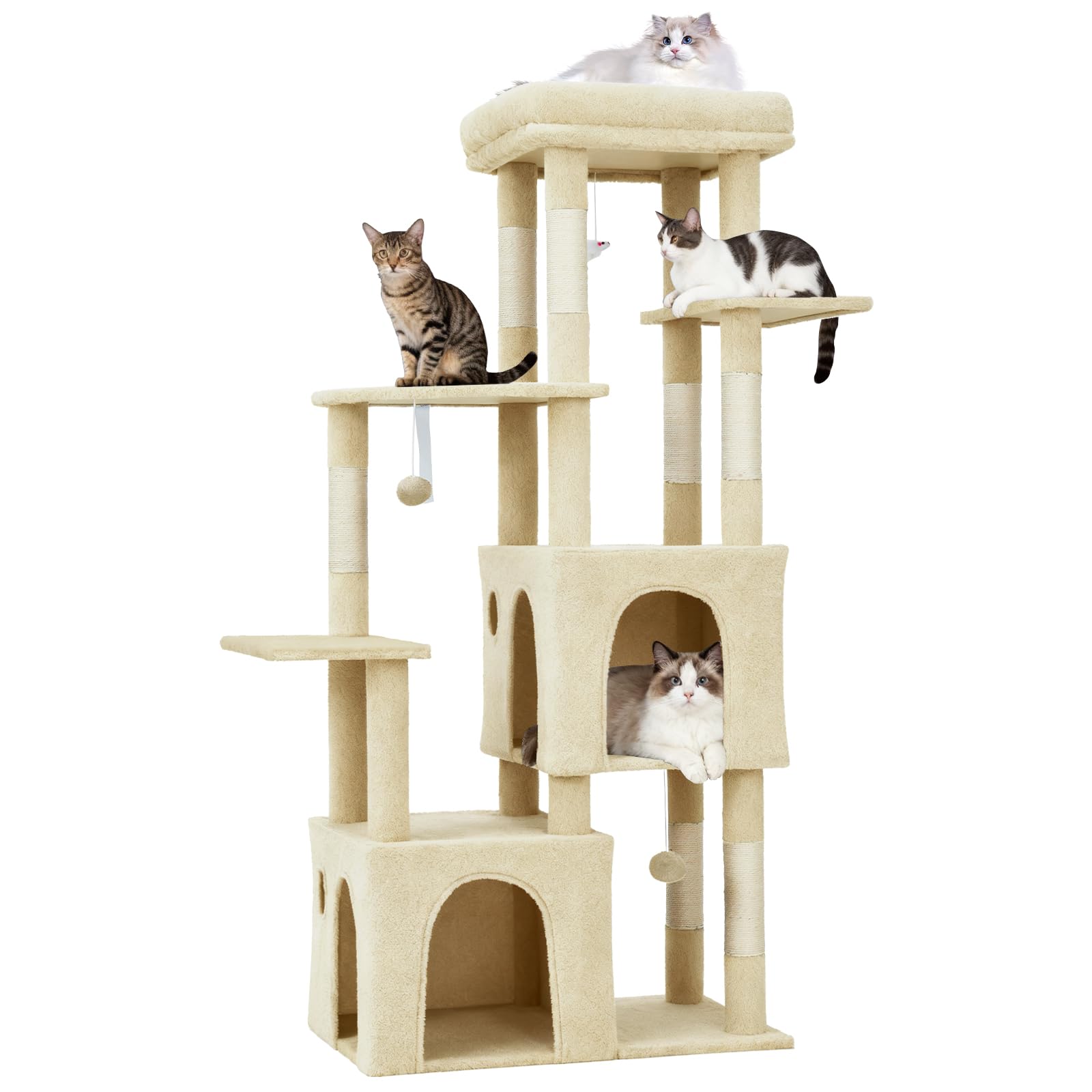 Garvee 61" Multi-Level Cat Tree for Indoor Cats, Heavy-Duty Tower for Large Adult & Maine Coon Cats with Oversized Perch, Dual Condos, Natural Sisal Scratching Posts & Play Toys – Beige