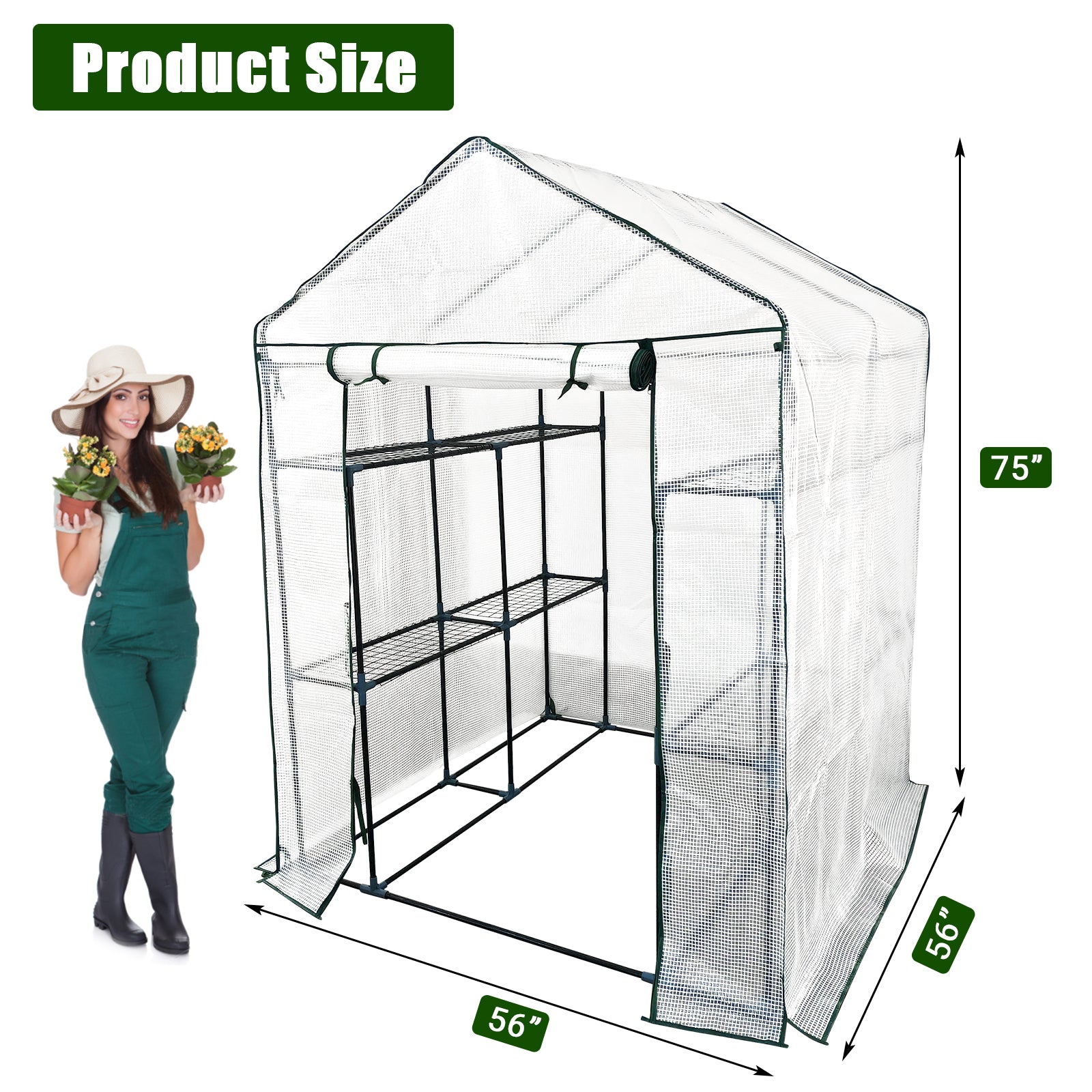 Garvee Spacious Walk-In Greenhouse for Outdoor Gardening – 6 Shelves, Sturdy Steel Frame, Roll-Up Zippered Door, Anchors & Ropes, Portable Plant House – Ideal for Patio, Backyard, Garden – White, 143×143×195cm