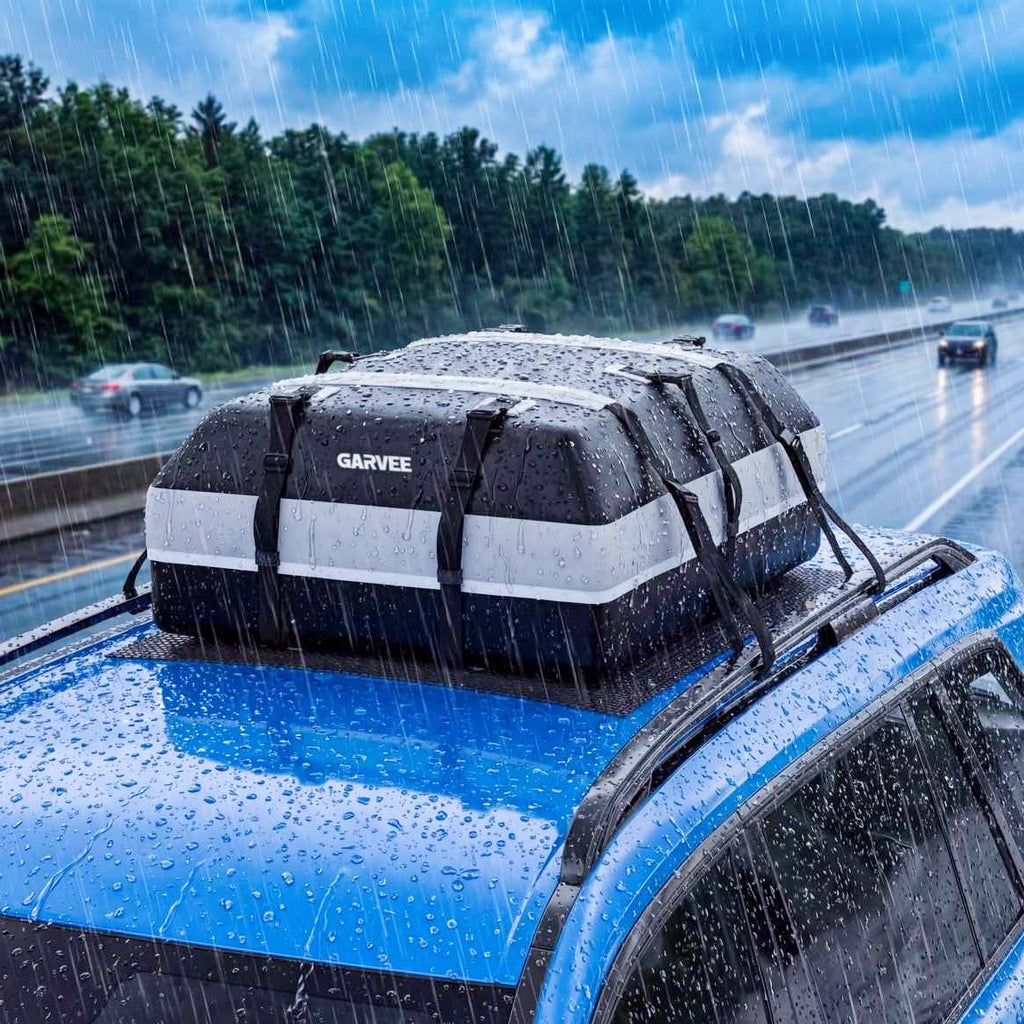 Garvee Waterproof Car Rooftop Cargo Carrier Bag 15 Cubic Feet – Secure Soft Shell Roof Luggage Storage for All Vehicles – Includes Combination Lock, 6 Door Hooks, 2 Ratchet Straps, Anti-Slip Mat – Size 112x86x43cm – Color: 15CUFT, Mat: 120x89cm, Straps: