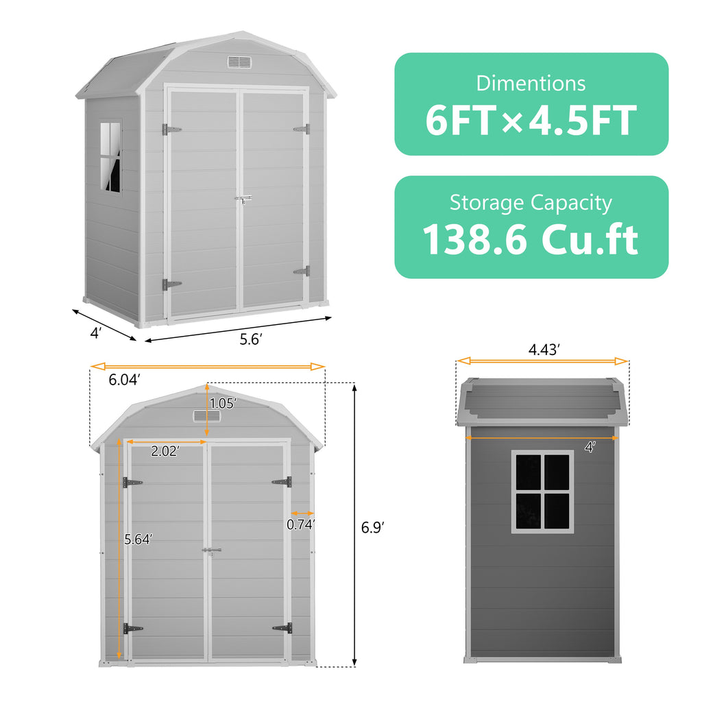 Garvee 6×4.5FT Resin Outdoor Storage Shed, Waterproof Garden Tool Shed with Floor, Window, Vents, Lockable Door & Ramp, UV-Resistant Patio Storage House for Backyard, Garden, Light Grey
