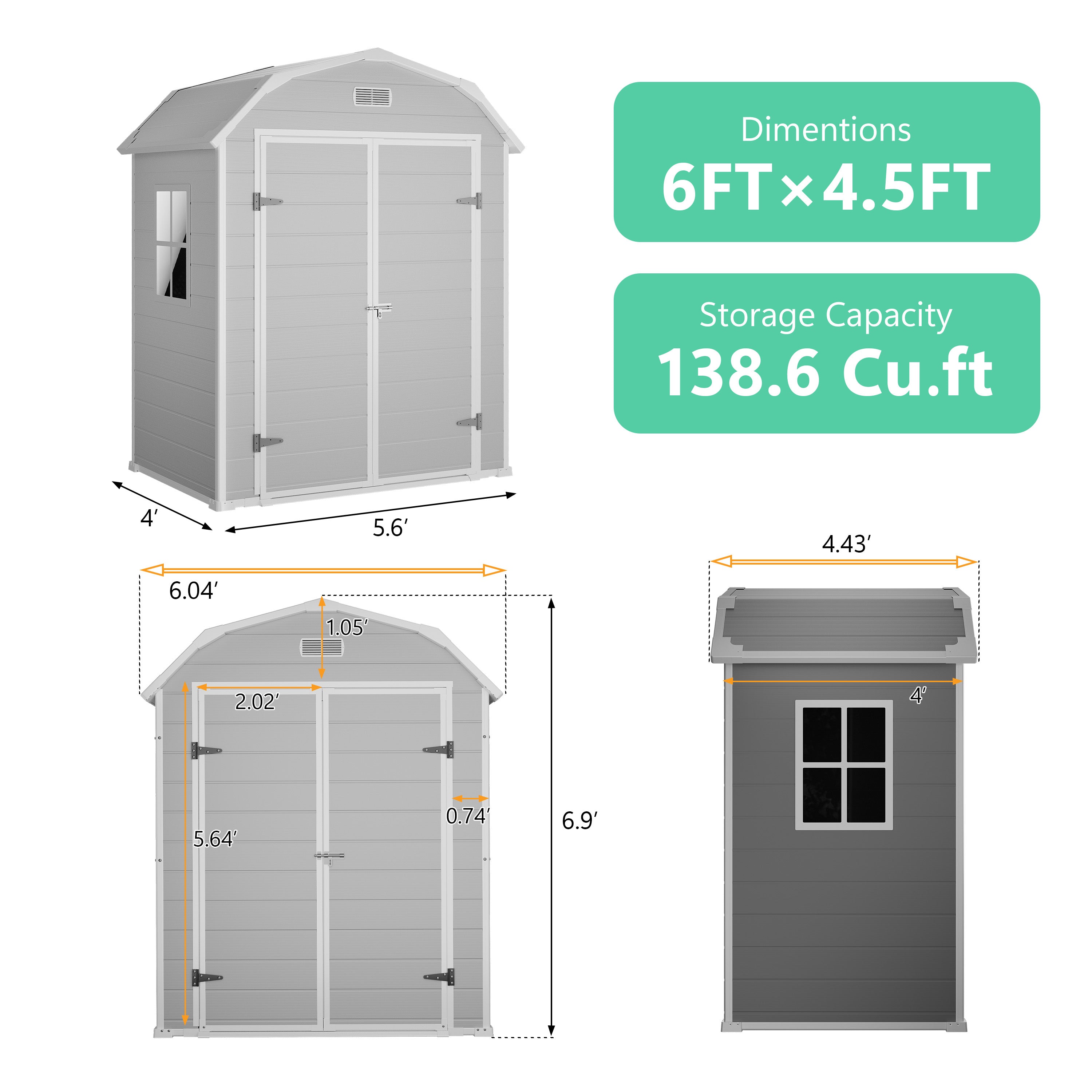 Garvee 6×4.5FT Resin Outdoor Storage Shed, Waterproof Garden Tool Shed with Floor, Window, Vents, Lockable Door & Ramp, UV-Resistant Patio Storage House for Backyard, Garden, Light Grey