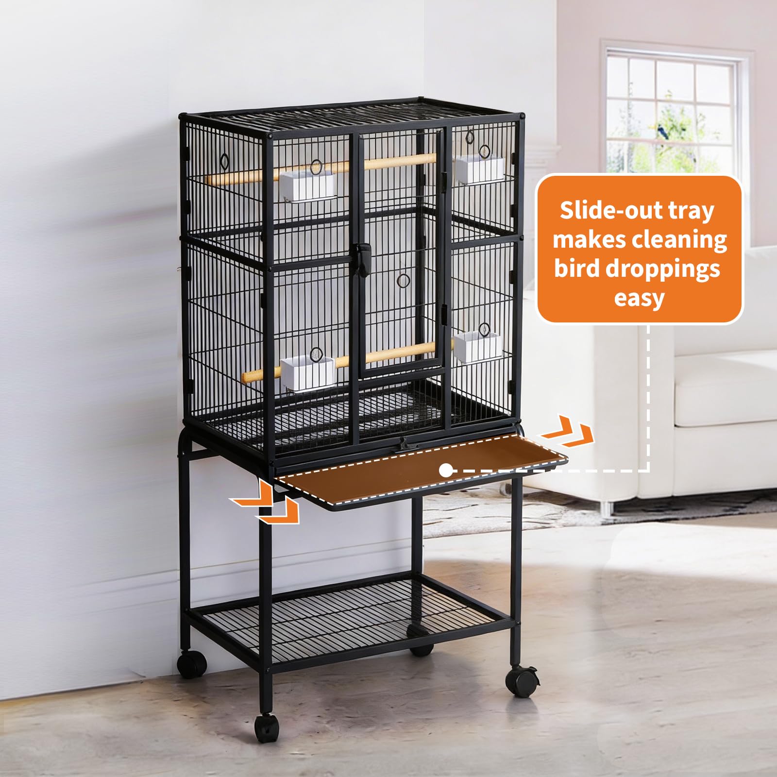 Garvee Large Bird Cage, 40.5"H Big Bird Cage with Stand for Parakeets Parrots Conures Lovebird Cockatiel Black