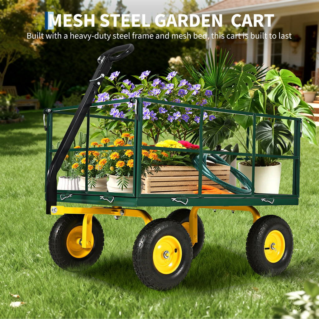 Garvee Heavy Duty 1500 lbs Steel Garden Cart – 3-in-1 Outdoor Utility Wagon with Removable Mesh Sides, 13" All-Terrain Wheels, 180° Rotating Handle – Lawn, Gardening, Plant Transport – 13-inch wheels, yellow rims + dark green frame + black handlebars
