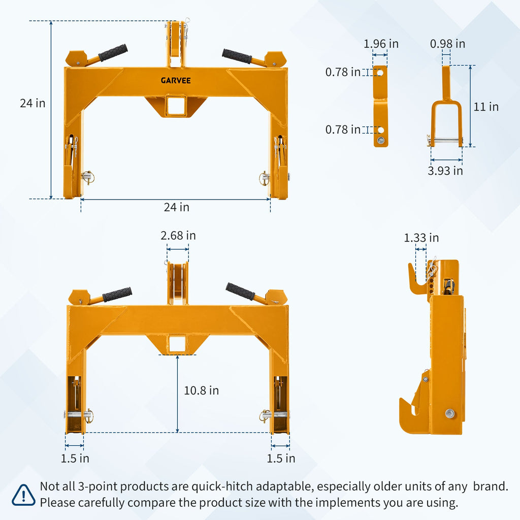 Garvee Heavy-Duty Category 1 3-Point Quick Hitch for Tractor, 3000 lbs Lift Capacity with Built-In 2" Receiver, 5-Level Adjustable Top Hook Tractor Attachment, No Bushing Required, Yellow Powder Coated (24" x 24")