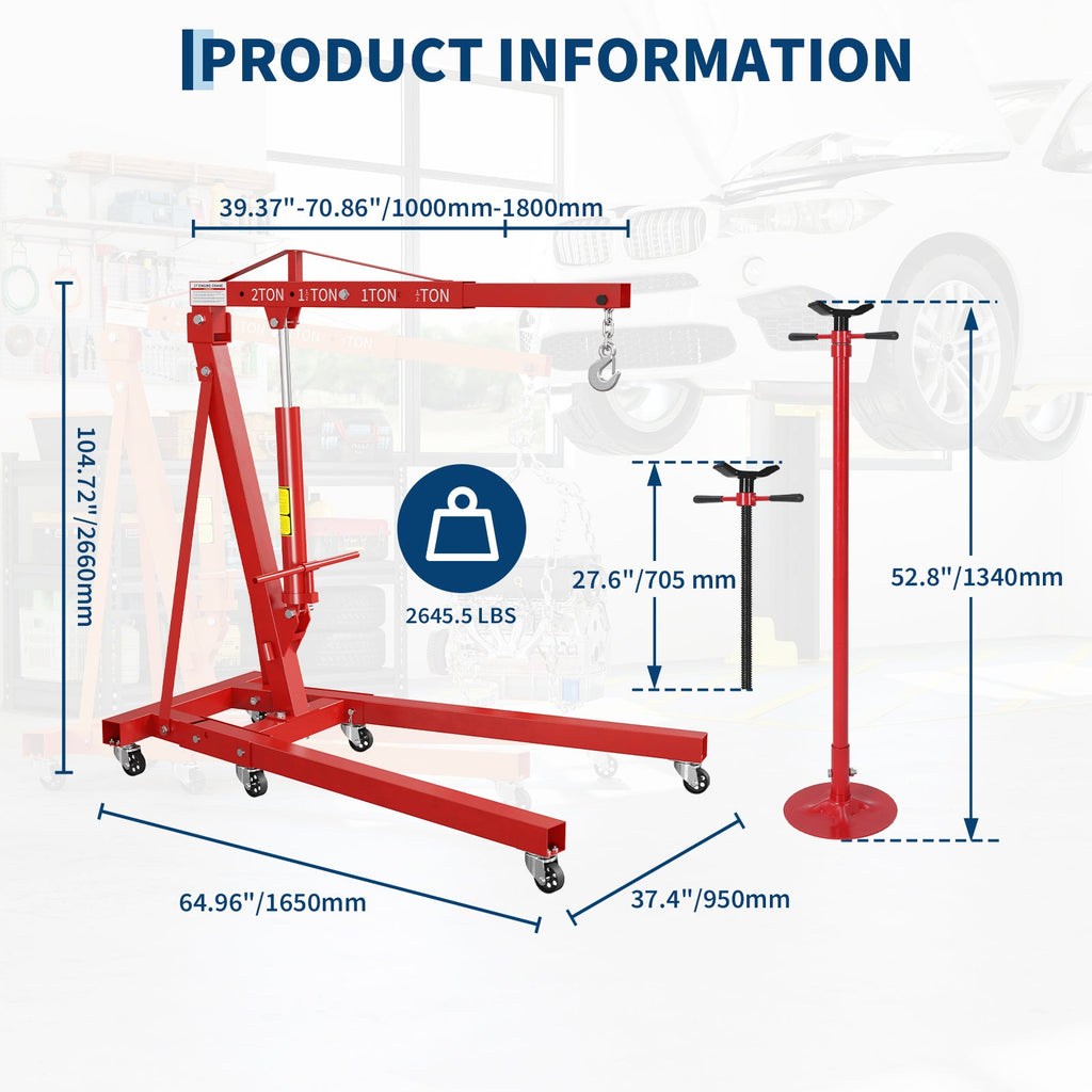 Garvee Heavy Duty 2 Ton Folding Hydraulic Engine Hoist & 3/4 Ton Underhoist Support Stand Combo – Steel Shop Crane Cherry Picker with 4-Position Boom – High-Reach Automotive Lift – Red