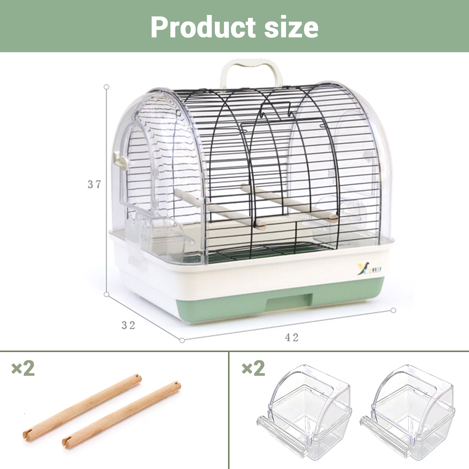 Garvee Portable Large Metal Bird Cage Carrier for Small to Medium Birds – Handle, 2 Food Bowls, 2 Perches, Removable Tray – Travel Aviary for Cockatiels, Budgies, Lovebirds, Canaries, Parakeets – Green