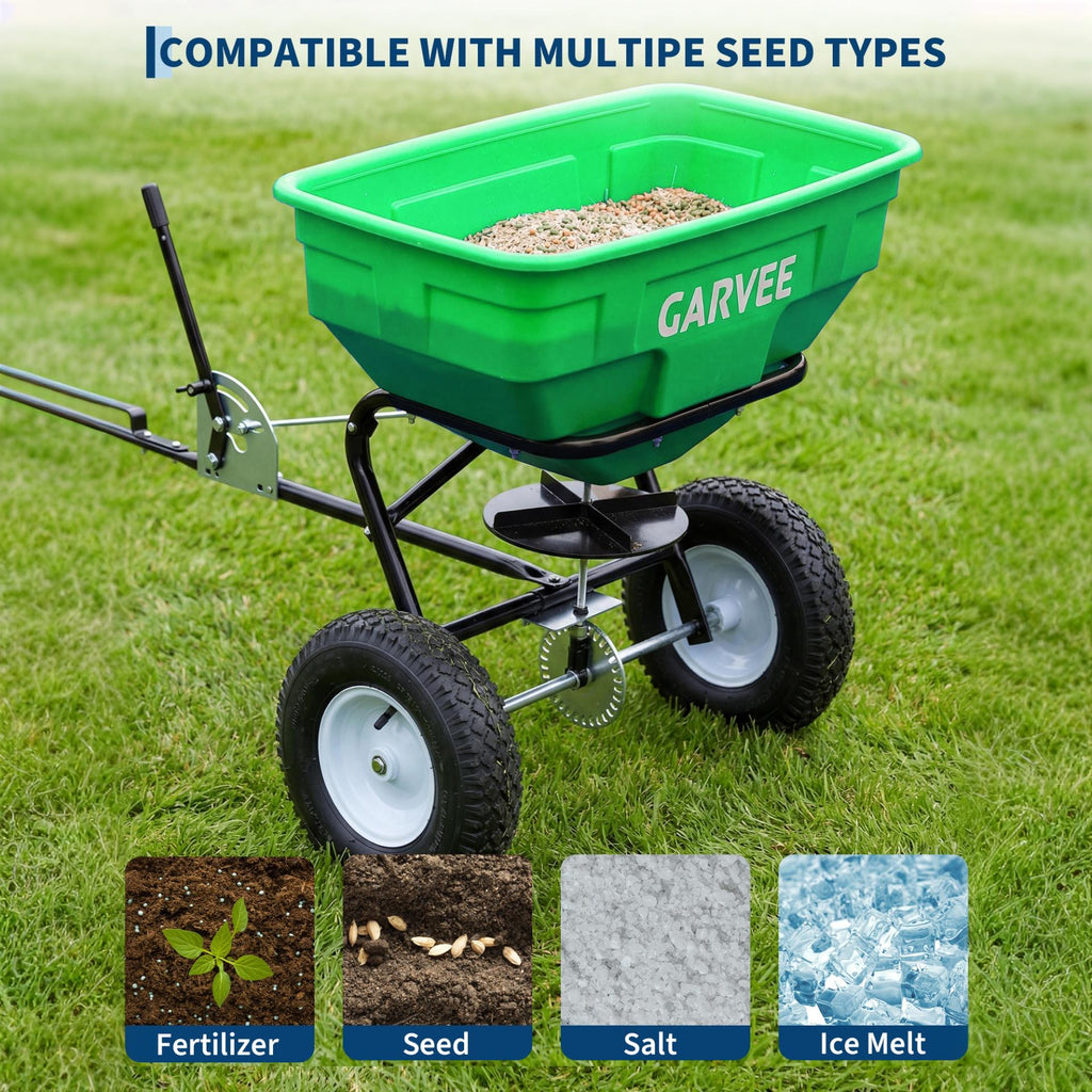 Garvee 130 lb Tow-Behind Broadcast Spreader, Heavy-Duty Lawn & Garden Spreader with 0–12 ft Coverage, Universal Hitch, 13" Pneumatic Tires & 20-Level Flow Control for ATV, UTV & Riding Mower, Green