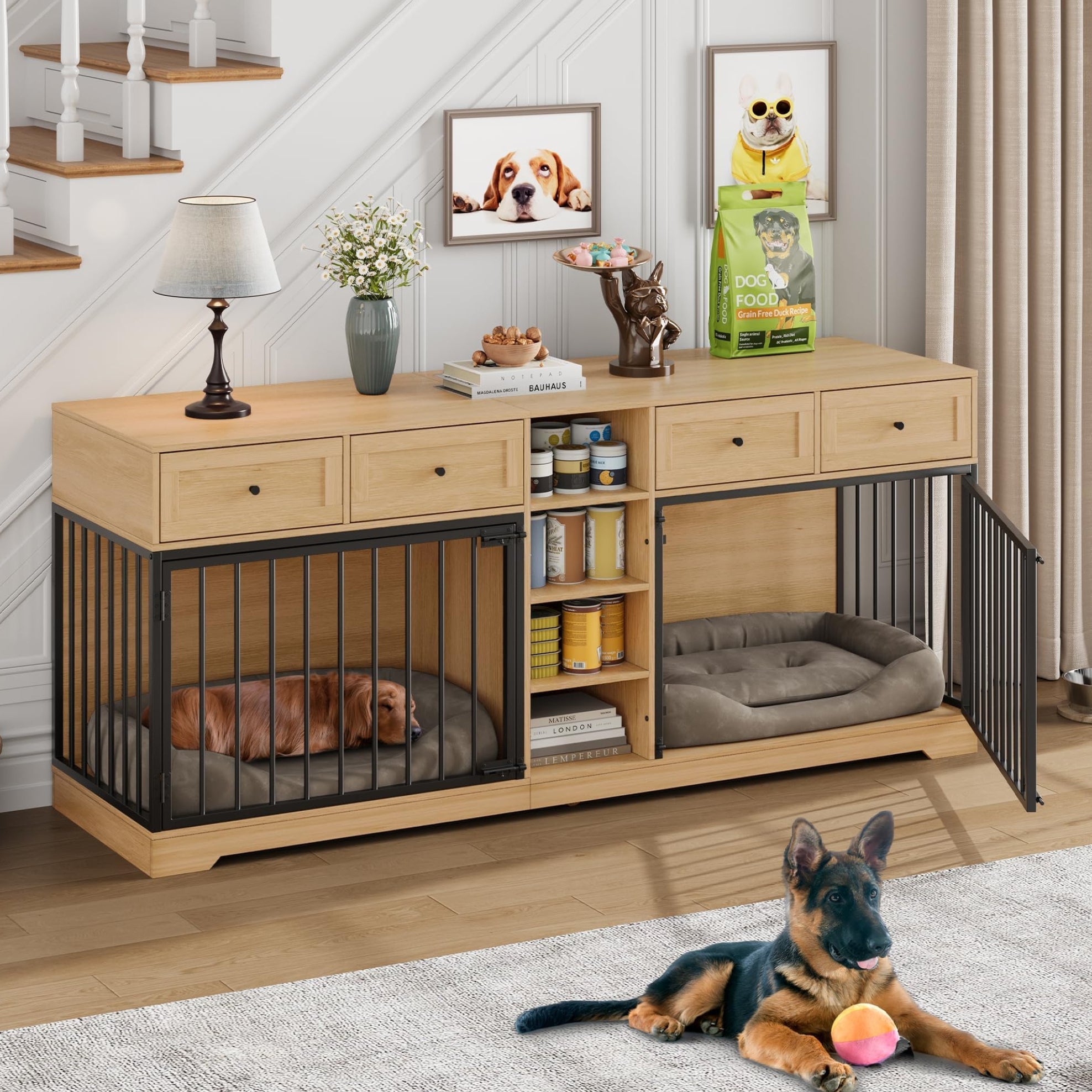 Garvee 82” Large Dog Crate for 2 Dogs, Dog Kennel Indoor with 4 Drawers and Shelves, Double Dog Crate Furniture TV Stand, Wooden Dog Cage for Medium Large Dogs, Natural