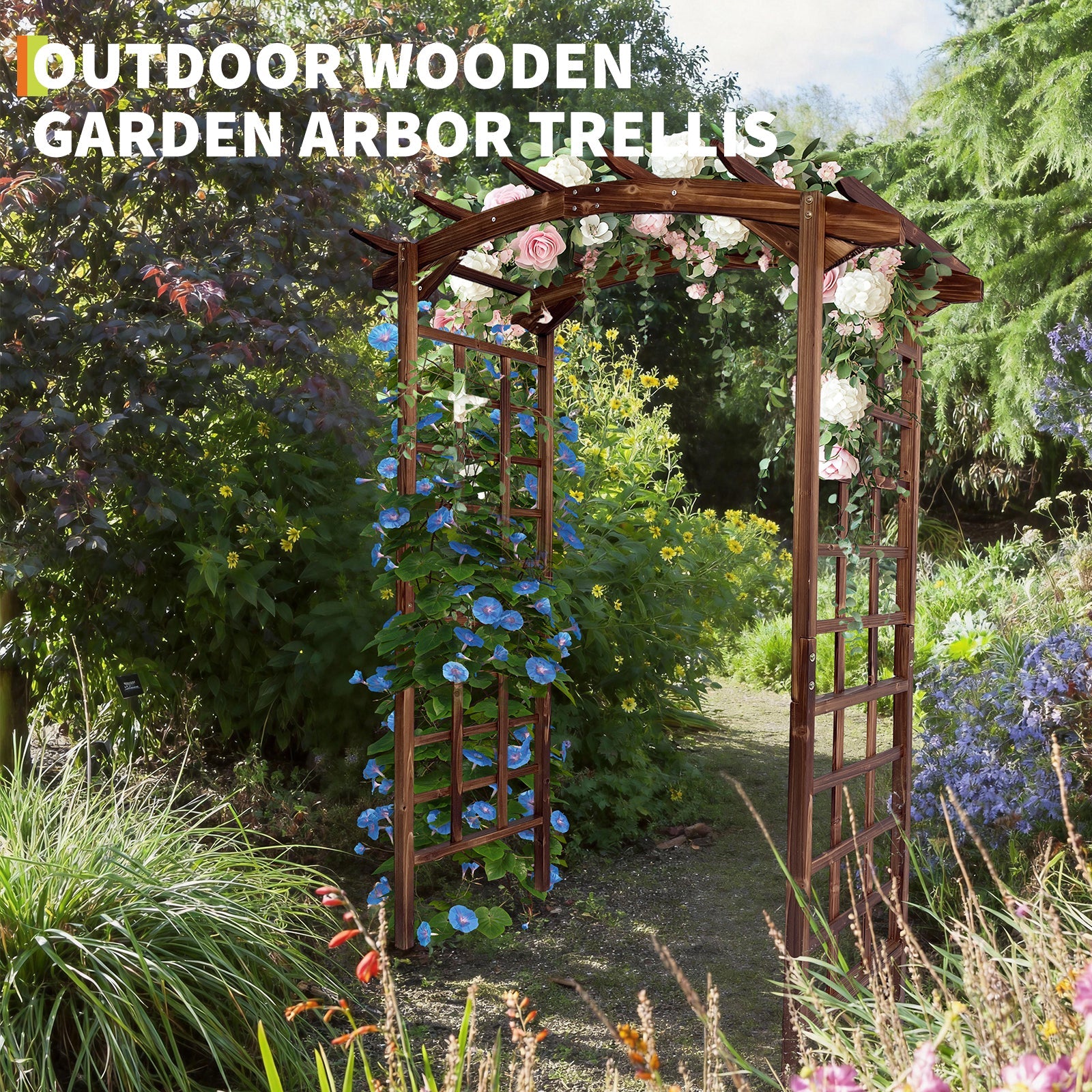 Garvee 85-Inch Wooden Garden Arbor Trellis, Fir Wood Arched Pergola for Climbing Plants, Wedding, Patio, Lawn & Backyard, Dark Brown, Arched Top