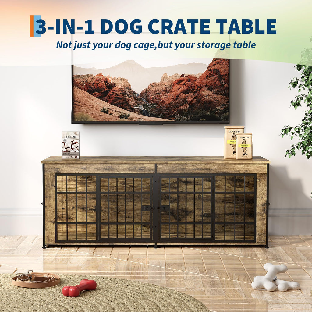Garvee Double Dog Crate Furniture with Divider – Heavy Duty Wooden Indoor Kennel End Table – 3-in-1 Pet House for Large/Medium Dogs – Metal Doors, Adjustable Feet, Easy Assembly – Tiger Wood