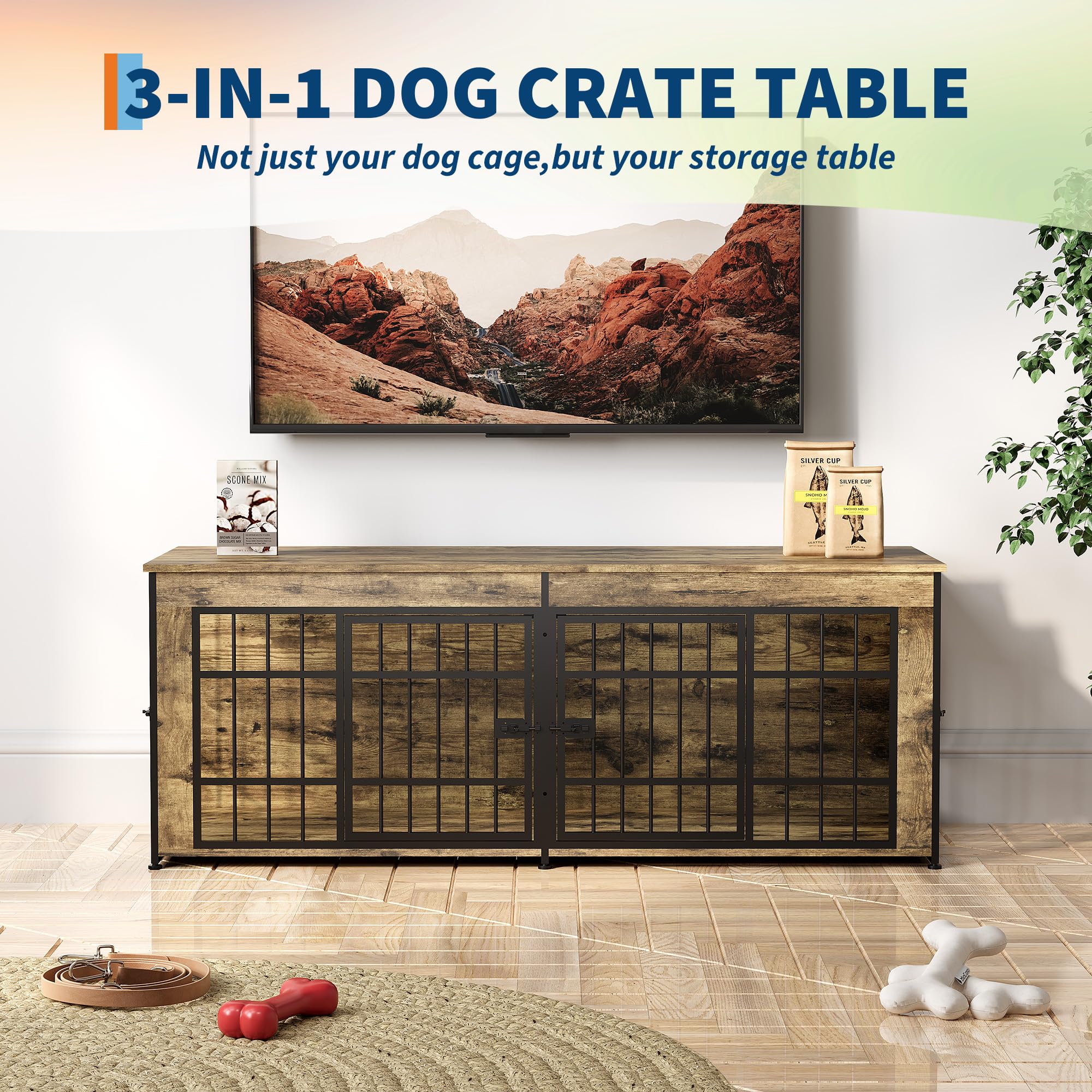 Garvee Double Dog Crate Furniture with Divider – Heavy Duty Wooden Indoor Kennel End Table – 3-in-1 Pet House for Large/Medium Dogs – Metal Doors, Adjustable Feet, Easy Assembly – Tiger Wood