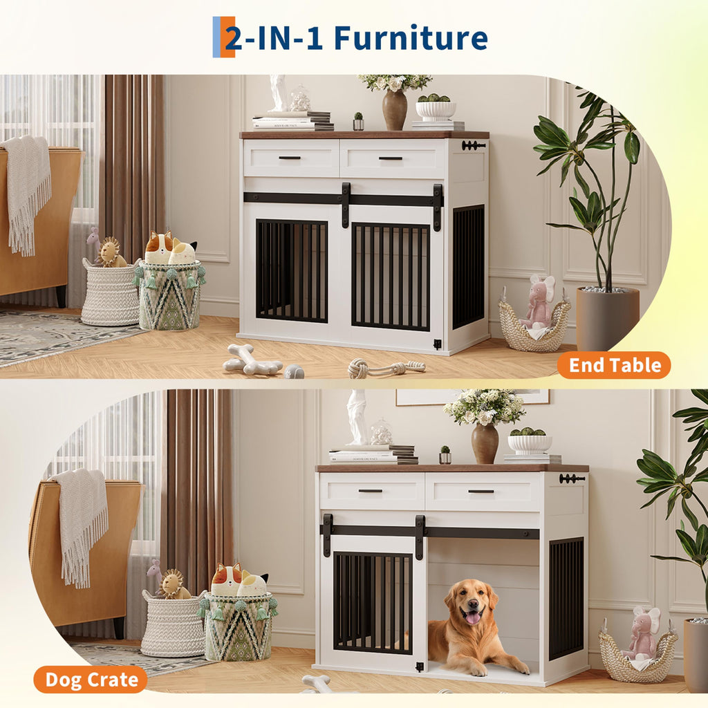 Garvee Heavy Duty Wooden Dog Crate Furniture with Sliding Barn Door and 2 Storage Drawers, Indoor Dog Kennel End Table with Hook, Farmhouse Style Dog Crates for Medium/Large Dogs, White