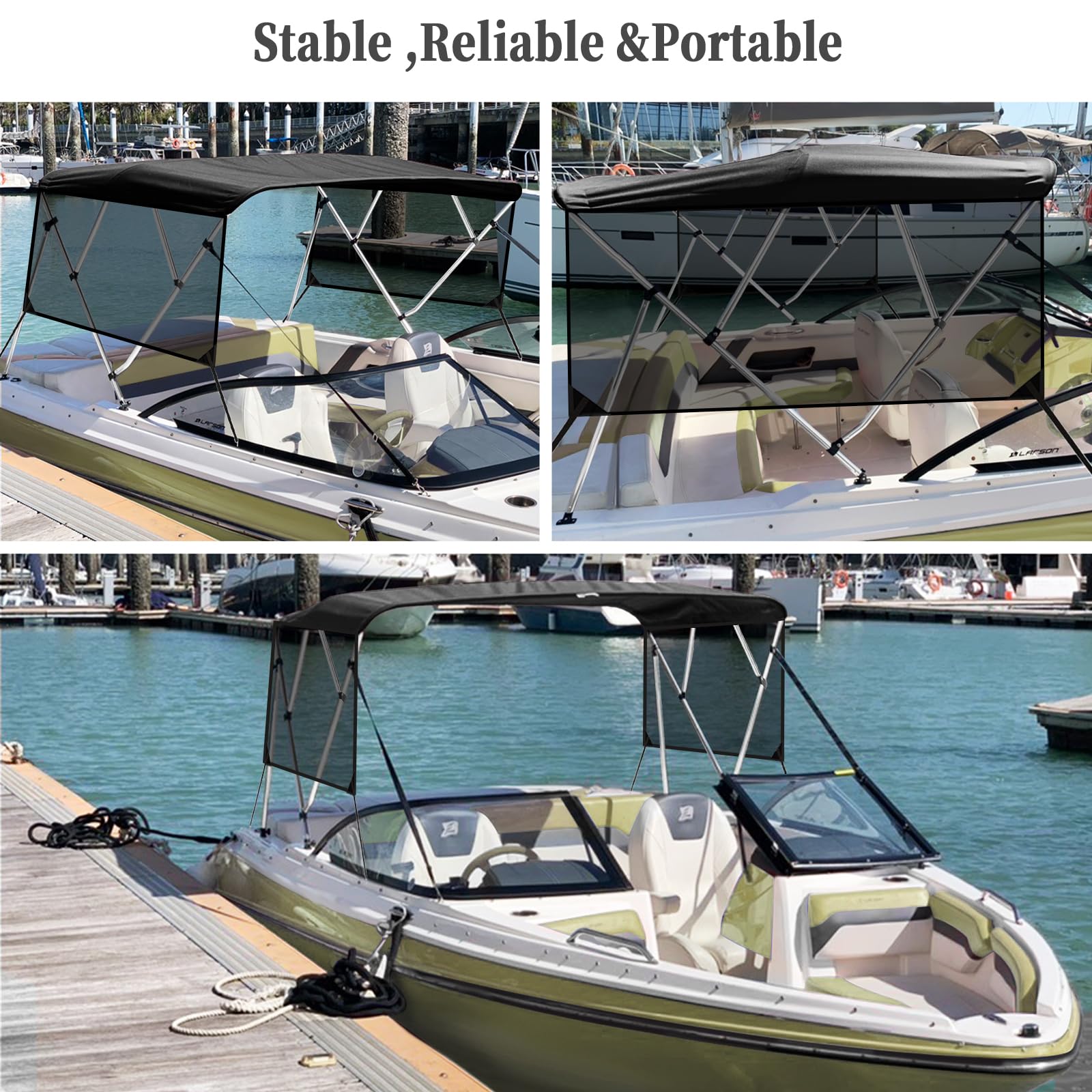 Garvee 4 Bow Bimini Top for Boats with Removable Zippered Translucent Side Curtains - Marine Grade 600D PU-Coated Canvas, Waterproof Sun Shade, 1" Aluminum Alloy Frame, Adjustable Straps, Rear Support Poles - Black - 8'L x 54"H x 73"-78"W (Translucent