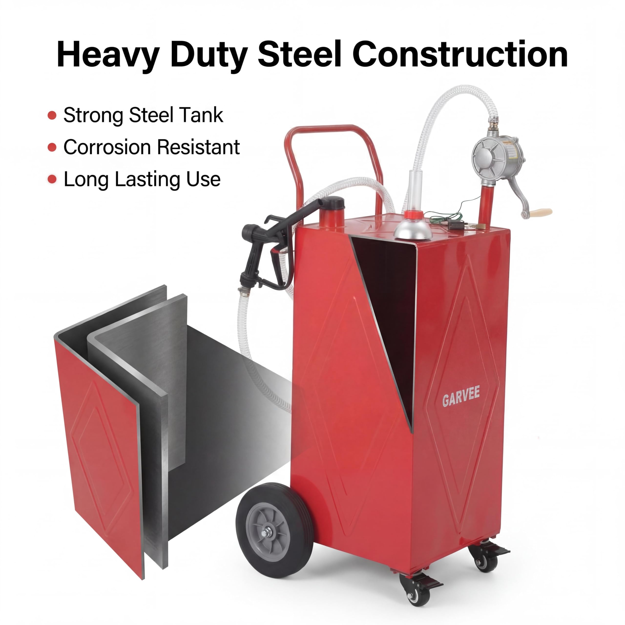 Garvee 30 Gallon Heavy Duty Steel Fuel Caddy with Manual Rotary Pump - All-Terrain 4-Wheel Portable Gas & Fuel Injector Transfer Tank - Leak-Proof Mobile Storage for Trucks, Boats, ATVs, Lawn Mowers, Farm Equipment - Reinforced 4-Wheeler, Red - Li Junjie