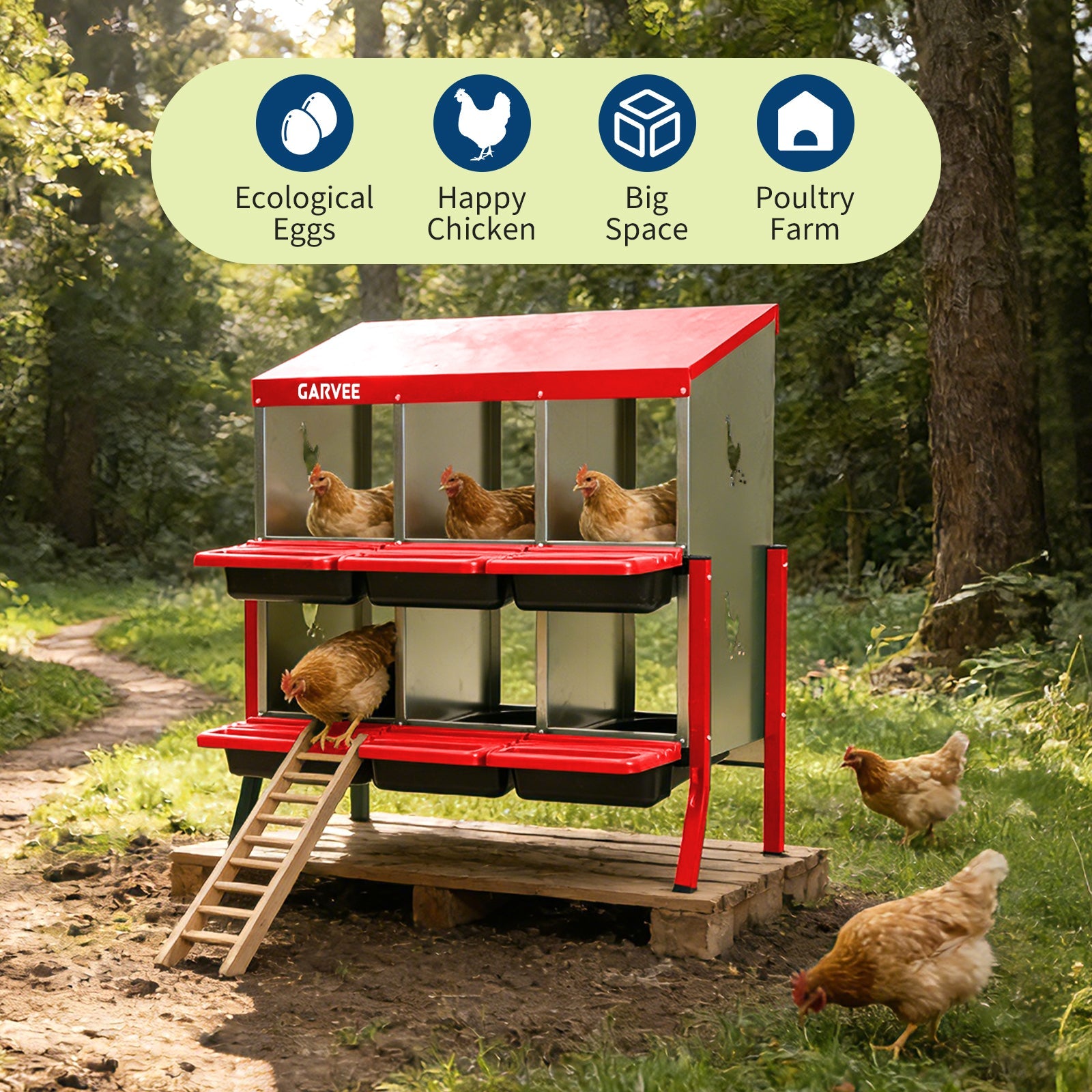 Garvee 6 Compartment Metal Chicken Nesting Box – Soft Cushion, Easy-Clean, Roll Away Egg Collection, Ventilated Design for Outdoor Chicken Coop, Rabbit, Duck – Red with Chicken Design – Size: 6 Compartments, Color: Red (Side Chicken Design)