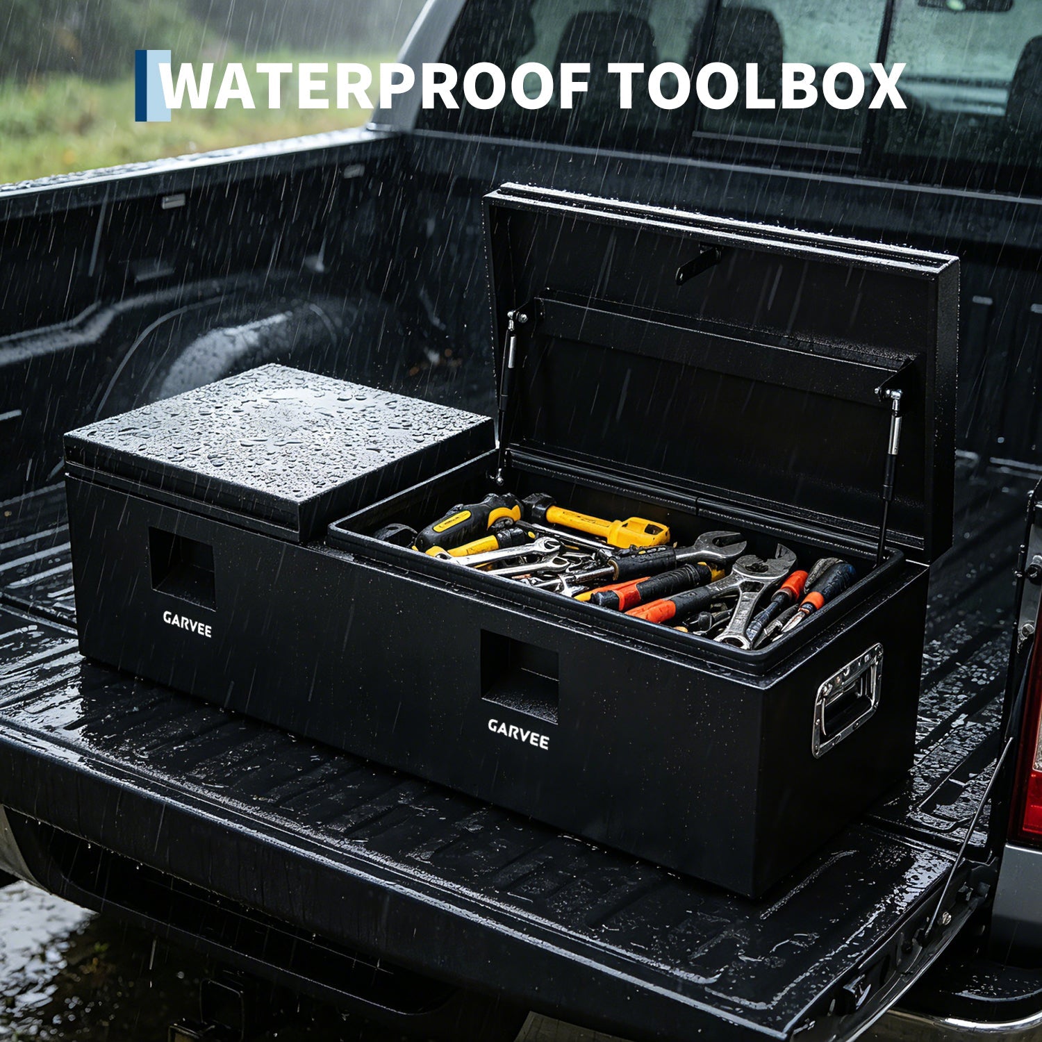 Garvee 56"X16"X14" Heavy Duty Steel Truck Bed Tool Box, Double Lid, Grooved Weatherproof Metal Chest with T-Handle & Side Handle, Durable Organizer for Pickup Truck, RV, Trailer, Front Double, Black