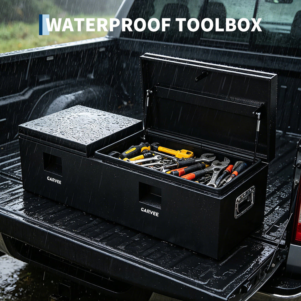 Garvee 48"X16"X14" Heavy Duty Steel Truck Bed Tool Box – Double Lid, Grooved Weatherproof Metal Chest with T-Handle & Side Handle, Durable Organizer for Pickup Truck, RV, Trailer, Front Double, Black