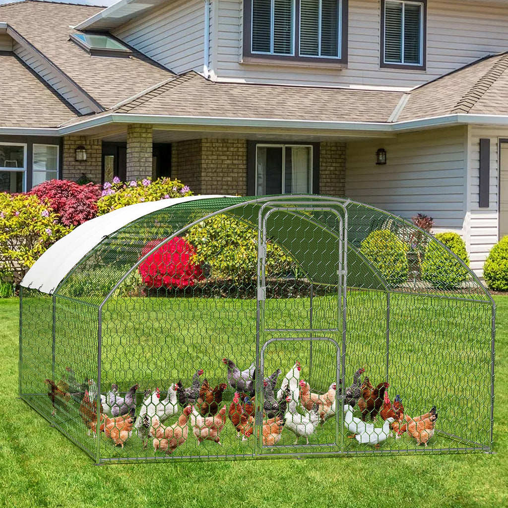 Garvee Heavy Duty Large Metal Chicken Coop - Walk-In Poultry Cage with Dome Roof, Secure Lock, Double Doors, Waterproof & UV-Resistant Cover - Outdoor Hen House, Size: 9.8' W x 13.1' D x 6.6' H