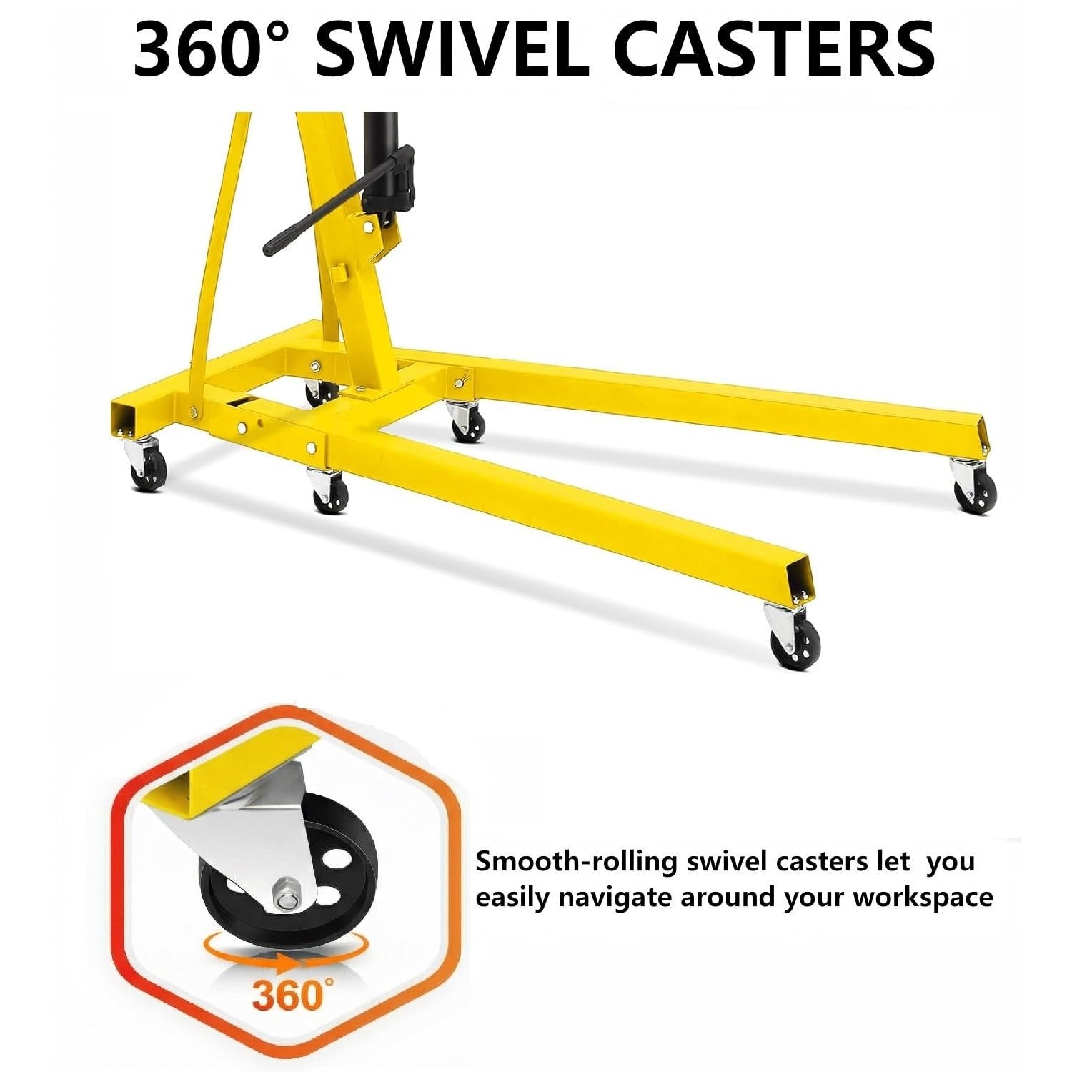 Garvee 2-Ton Engine Hoist - 4400 lbs Folding Hydraulic Cherry Picker, Heavy-Duty Shop Crane with 6 Caster Wheels and 4 Adjustable Boom Positions for Warehouse, Garage, and Workshop (Yellow)