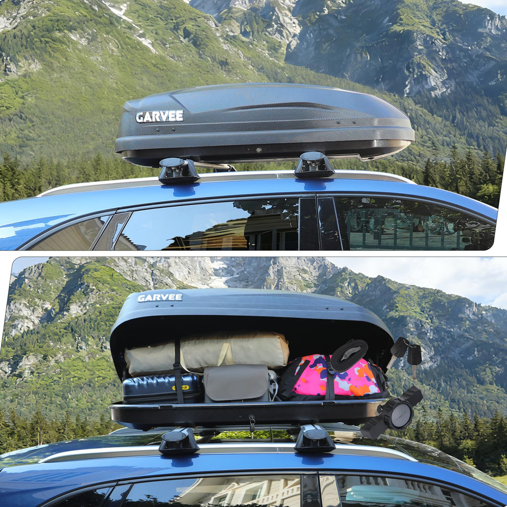 Garvee 12 Cubic Rooftop Cargo Box Carrier, Dual-Side Opening Hard-Shell Roof Mount with 135 lbs Capacity, Secure Straps & Keys for Travel Luggage Storage, Black