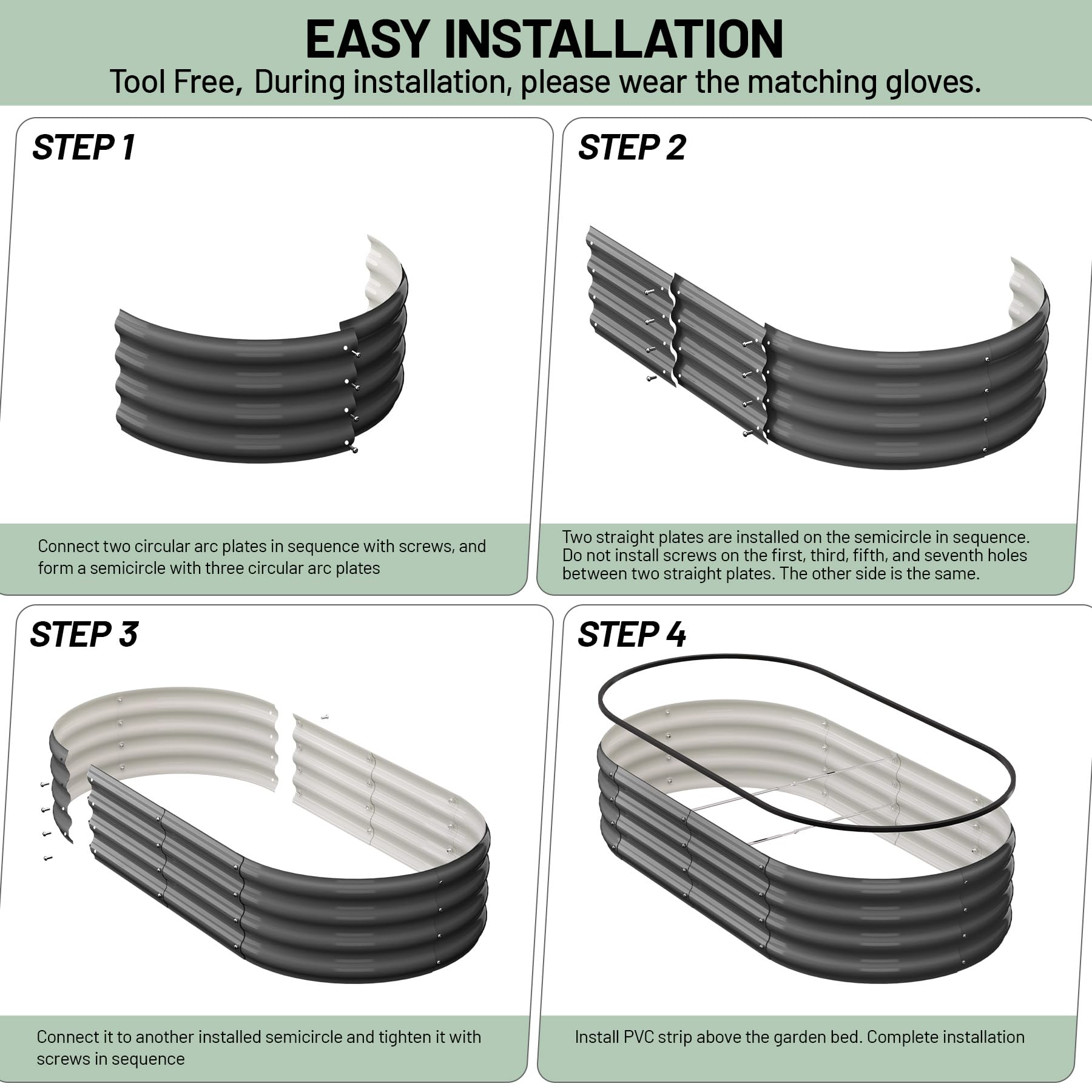 Garvee Raised Garden Beds, 2 Pack 4 x 2 x 1 ft Oval Galvanized Metal Planter Boxes with 0.5 mm Steel, Open Bottom & Rubber Edging for Vegetables, Herbs & Flowers, Dark Gray