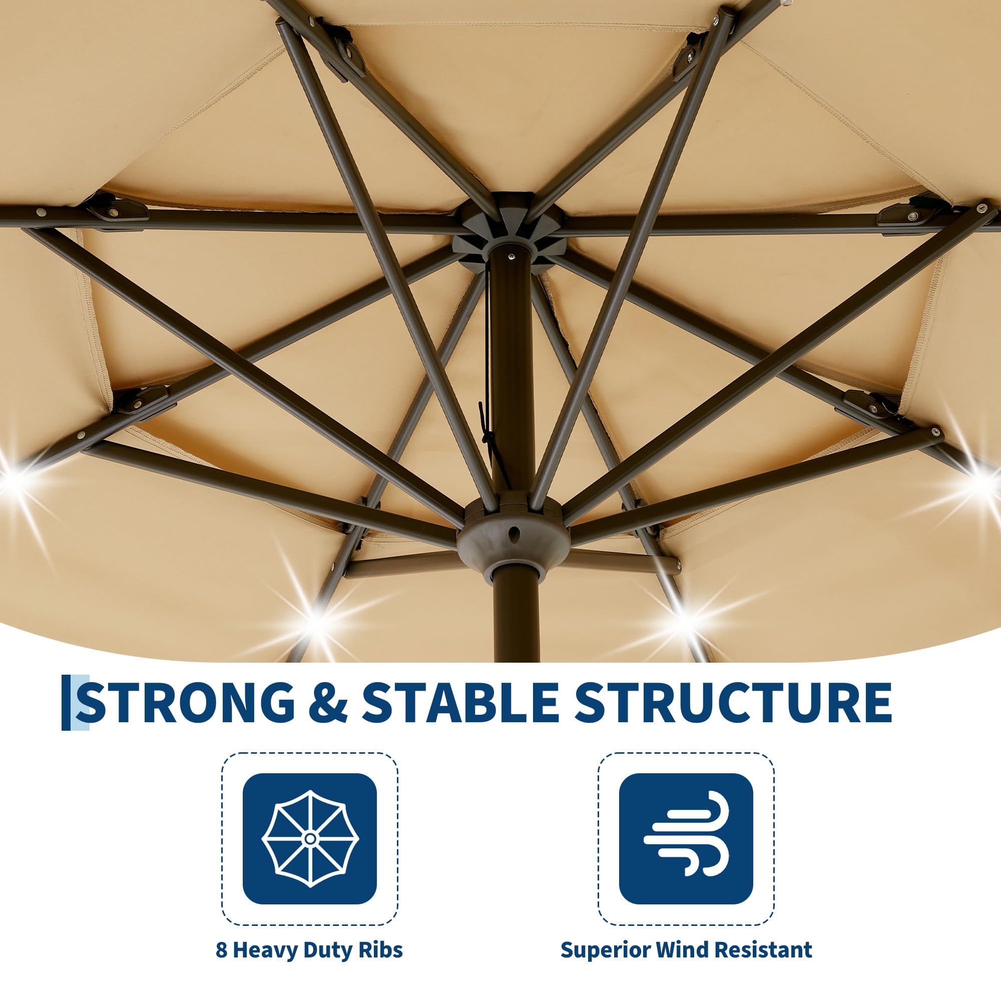 Garvee 10 FT Solar Patio Umbrella, 3-Tier Vented Canopy with 24 LED Lights, 8-Rib Steel Frame, Crank Tilt Market Umbrella for Garden, Pool & Deck, Khaki