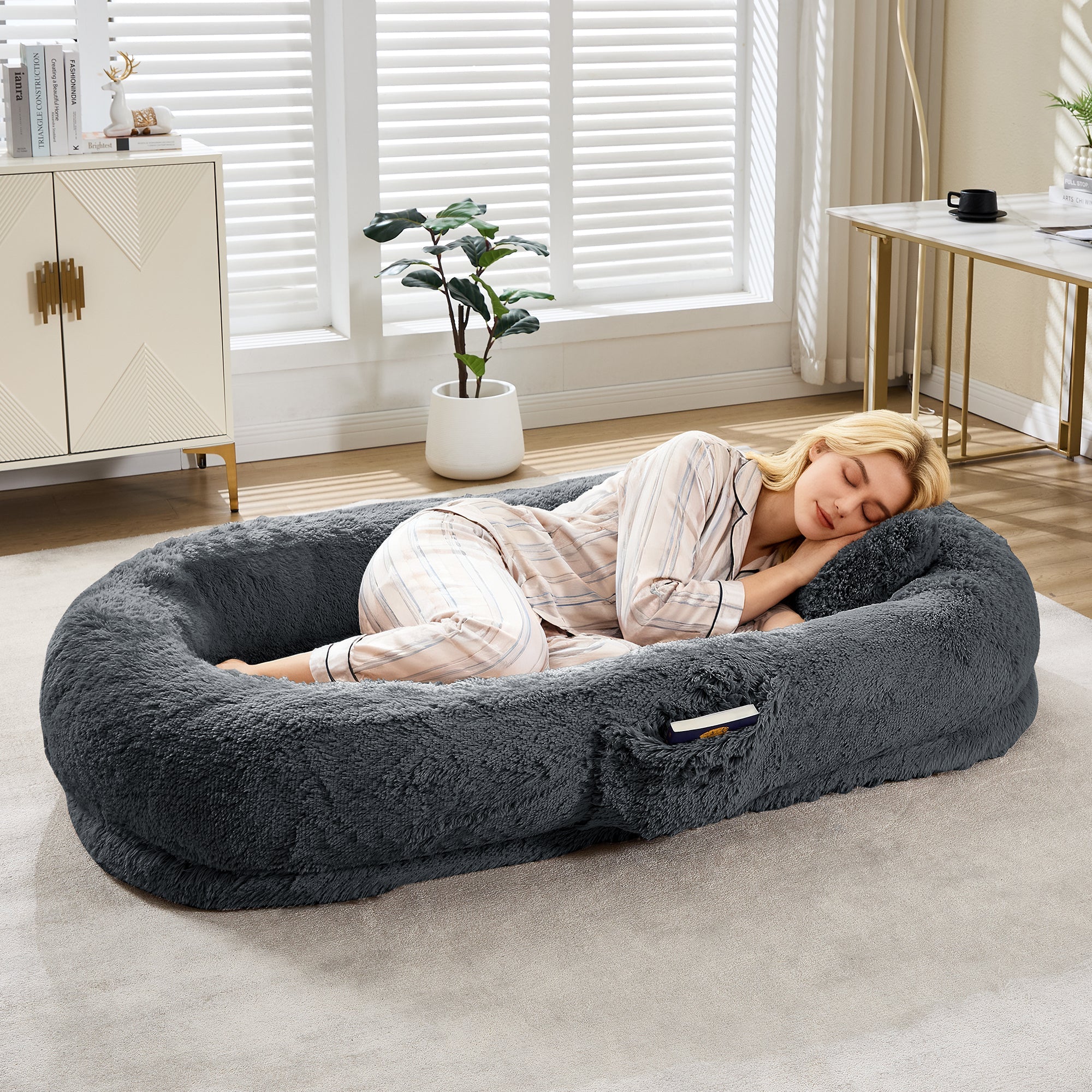 Garvee Orthopedic Soft Faux Fur Human Dog Bed for Adults & Pets – Large 67"x43"x8" Lounger, Plump Pillow, Removable Cover, Handle, Side Pocket, Washable, Bedroom, Office, Deep Blue
