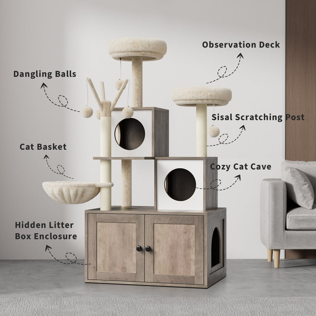 Garvee 54-Inch Litter Box Enclosure with Cat Tree, 2-in-1 Modern Large Cat Tower for Indoor Cats with Condo/Hammock/Scratching Post/Plush Perch/Caves, Wooden Hidden Litter Box Furniture, Grey