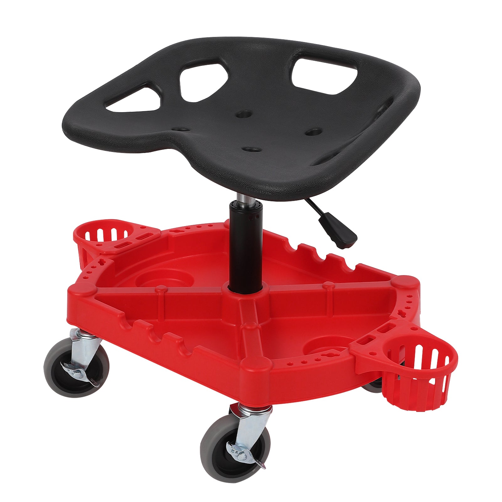 Garvee Heavy-Duty Adjustable Rolling Mechanic Stool, 300 lbs Capacity, 360° Swivel Wheels, Ergonomic Padded Seat with Short Backrest, Large Tool Tray, Water Bottle Holder, and Lifting Ring, Red