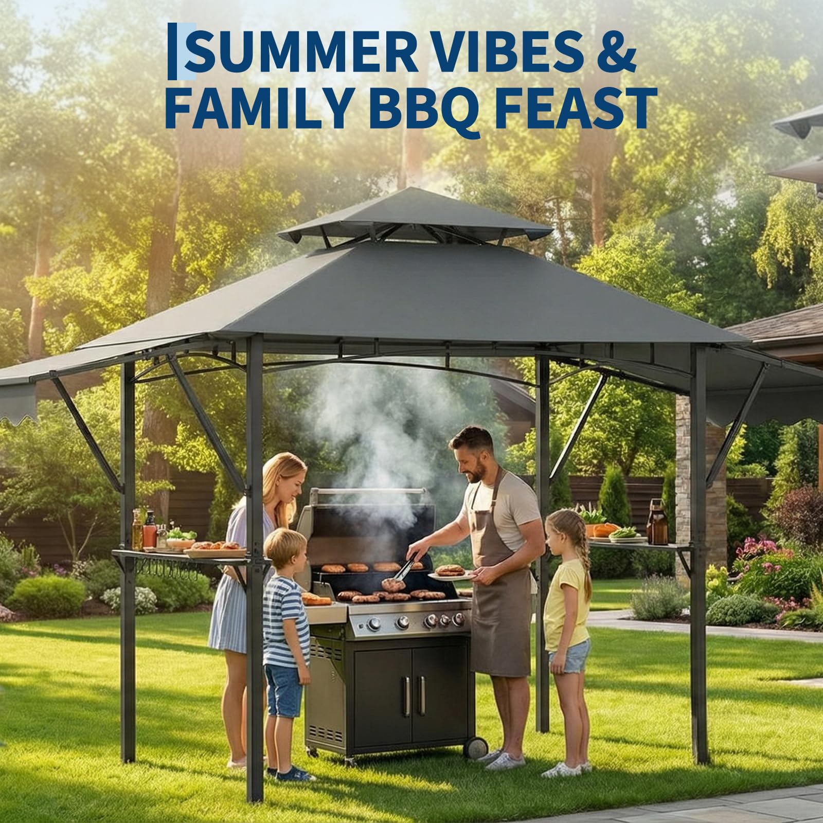 Garvee 8' × 5' Grill Gazebo with Dual Adjustable Awnings, 2-Tier Ventilated Canopy, Steel Frame, 2 Shelves & 7 Hooks, Gray