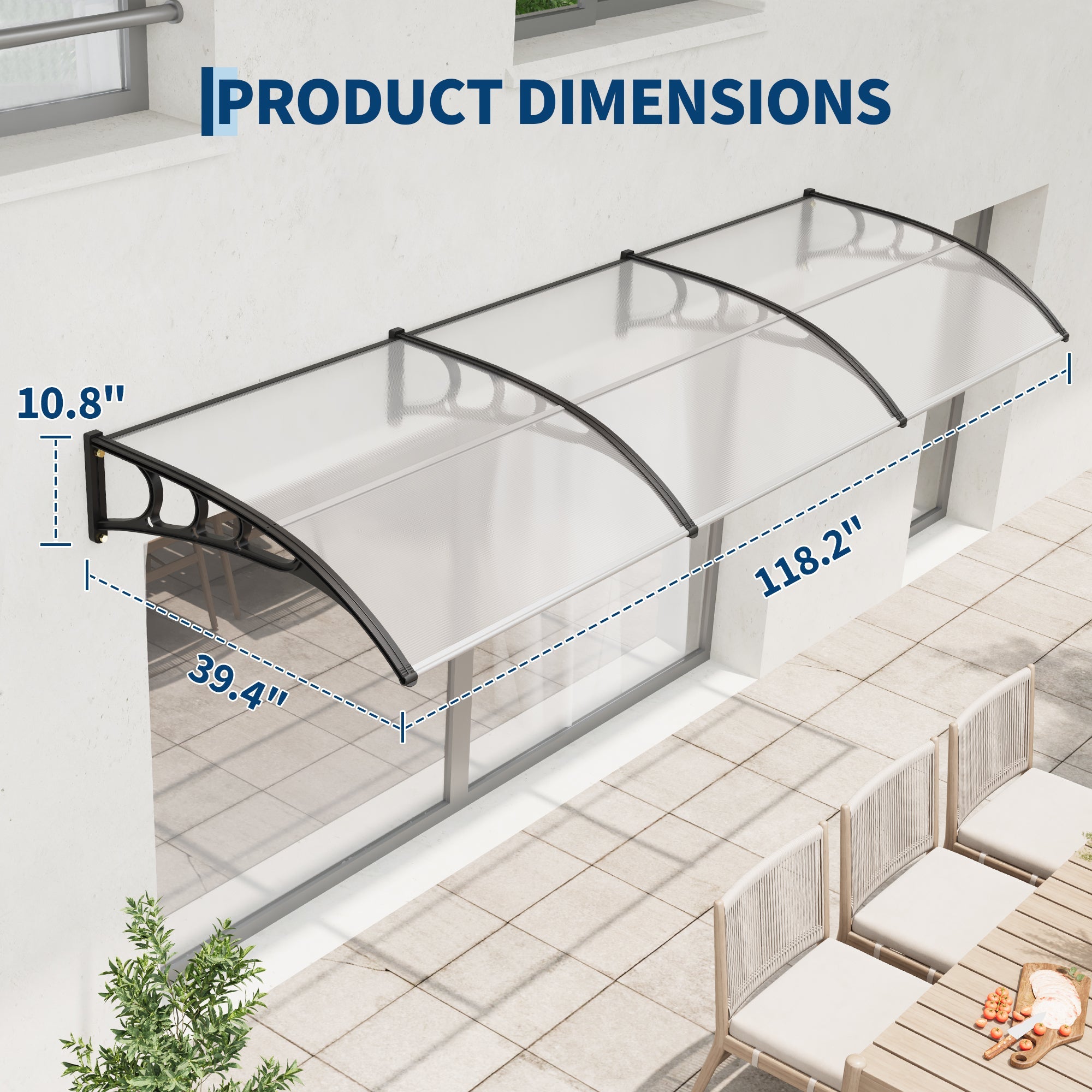 Garvee 40" X 120" Heavy-Duty Outdoor Door Awning Canopy - Clear Polycarbonate Cover, UV/Rain/Snow/Sun Protection, Plastic Steel Brackets, Transparent Shelter
