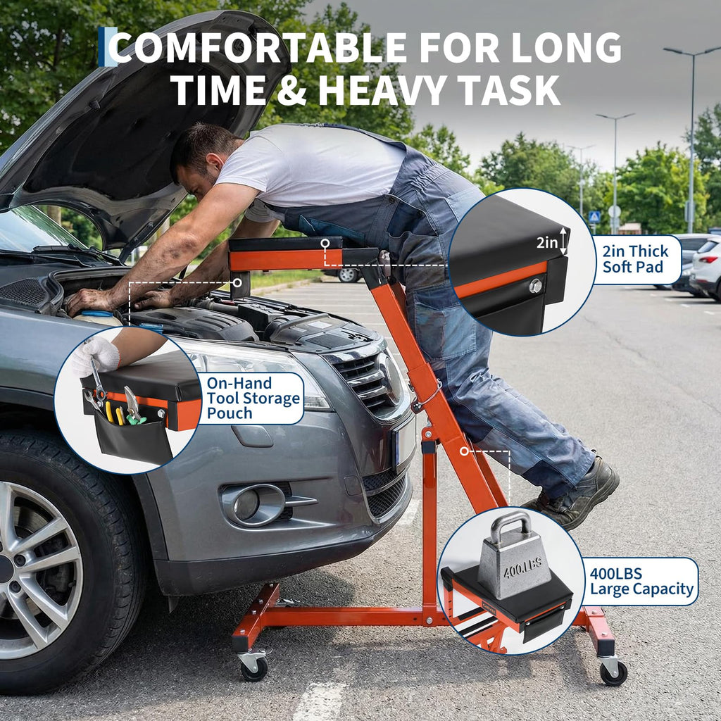 Garvee Automotive Engine Creeper with Adjustable Height & Padded Deck, Heavy-Duty Steel, Lockable Casters, Foldable for Jeeps & Trucks, Orange