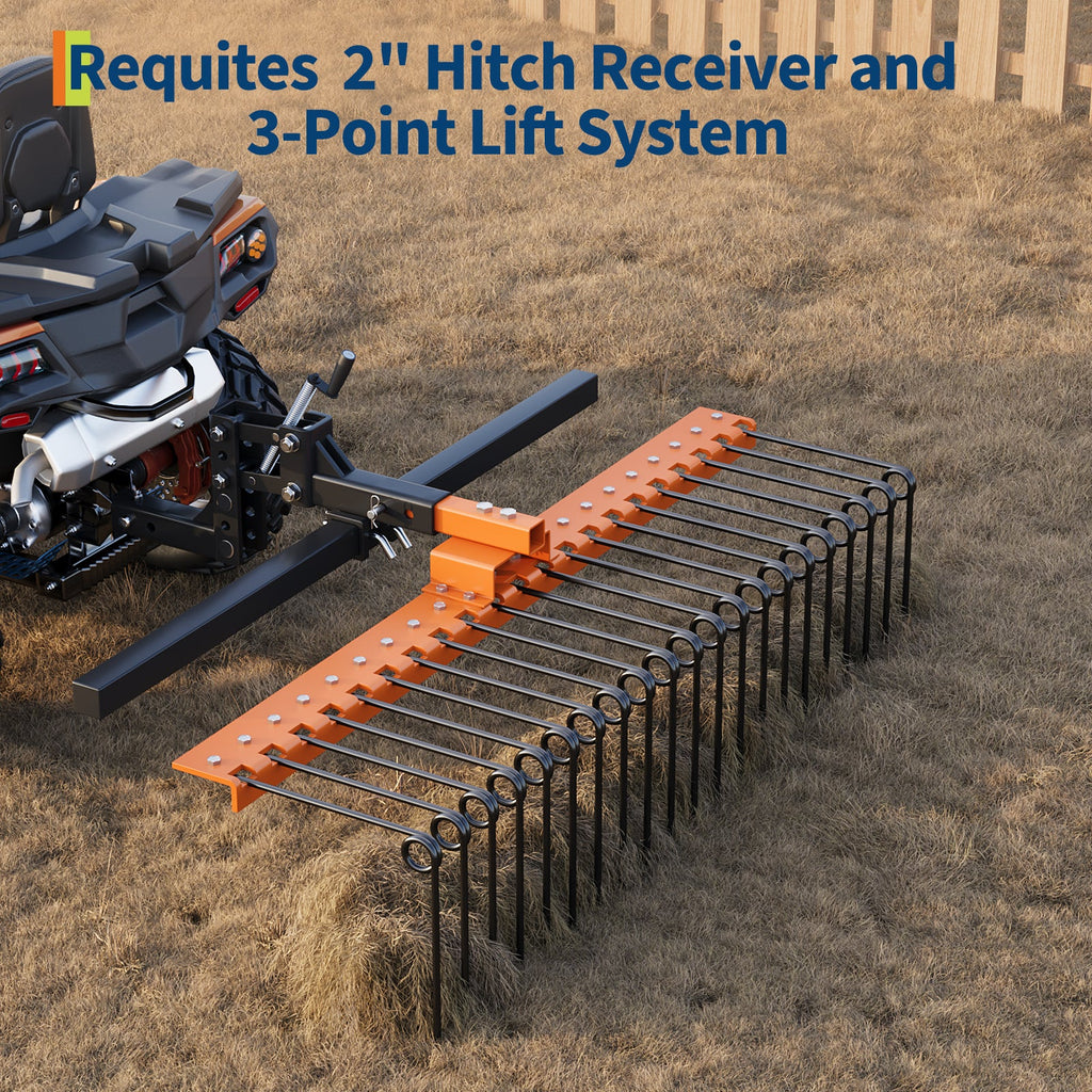 Garvee 60 in Pine Straw Rake with 21 Steel Spring Tines, Rust-Resistant Steel, Fits 2 in Receiver for Lawn Tractors & ATV/UTV, Orange, Landscape Use