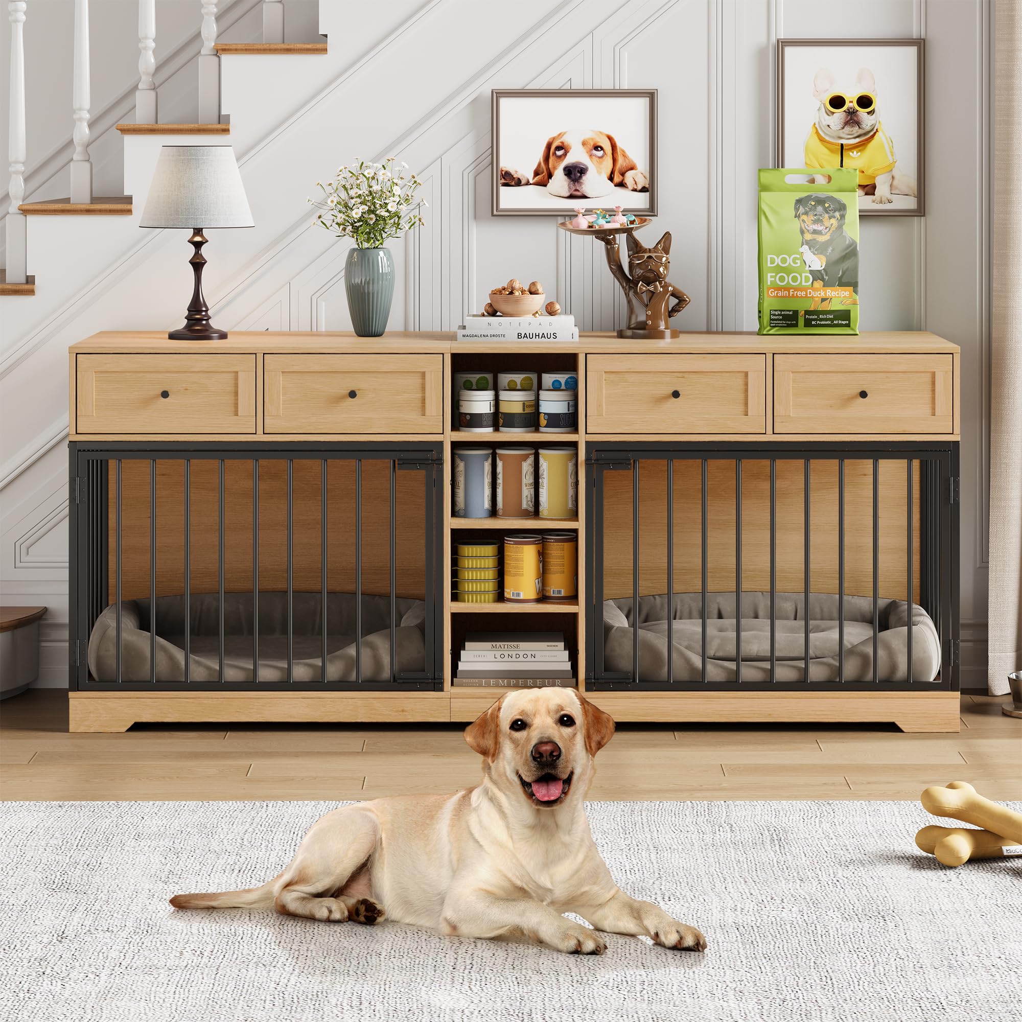 Garvee 82” Large Dog Crate for 2 Dogs, Dog Kennel Indoor with 4 Drawers and Shelves, Double Dog Crate Furniture TV Stand, Wooden Dog Cage for Medium Large Dogs, Natural